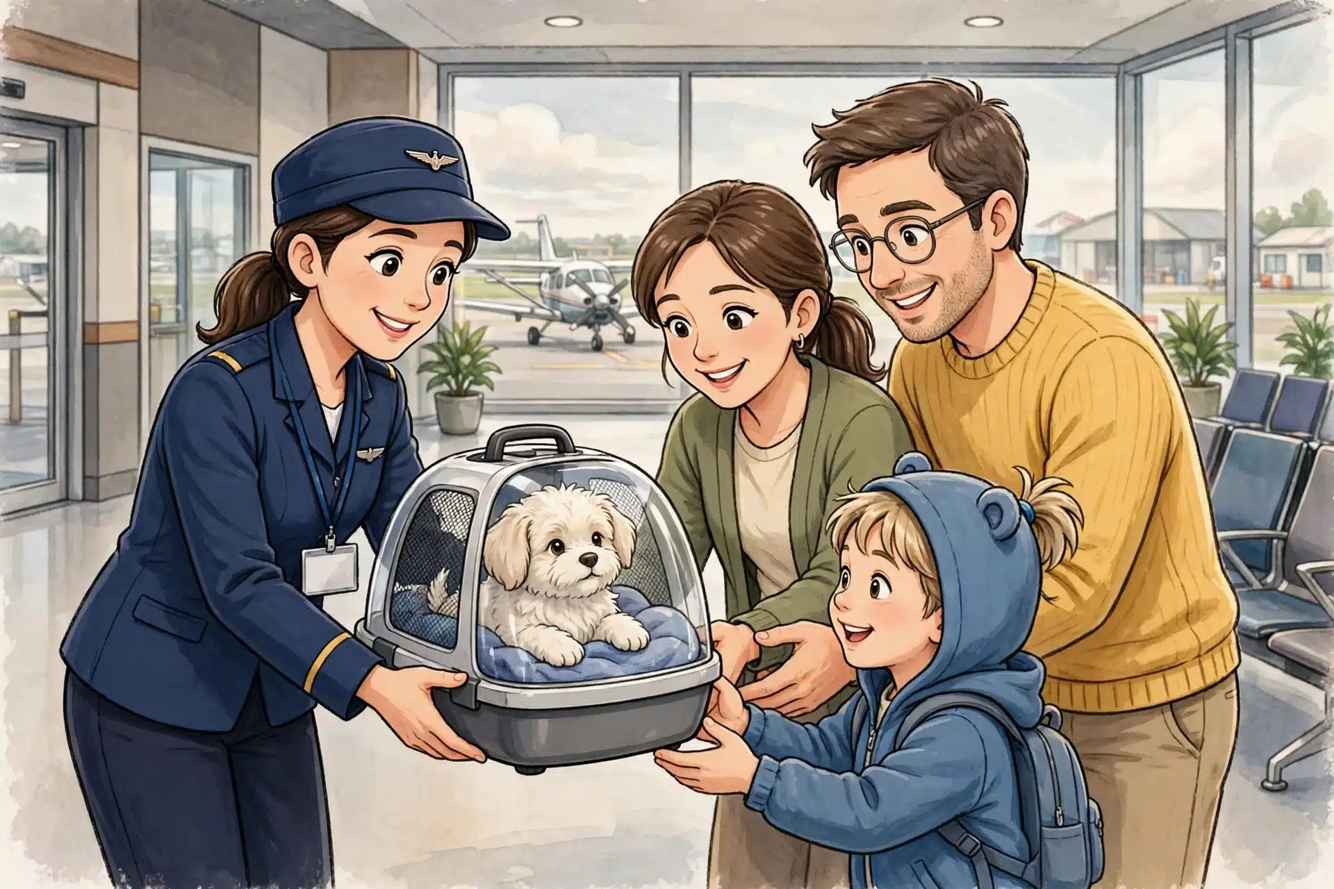 Family greeting flight nanny with puppy carrier