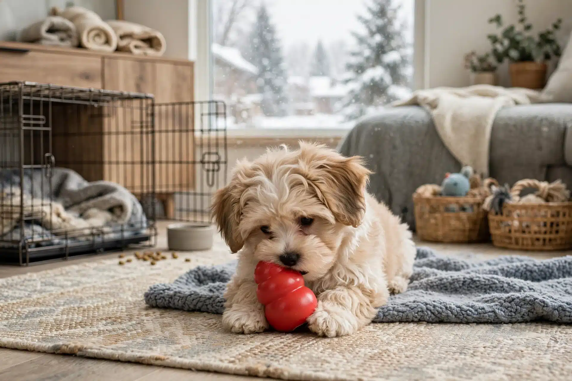Fluffy Havanese puppy chewing red rubber toy