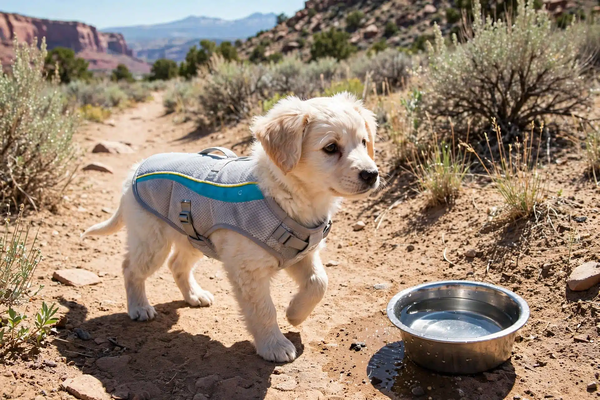 Cream puppy in gray cooling vest on sunlit trail