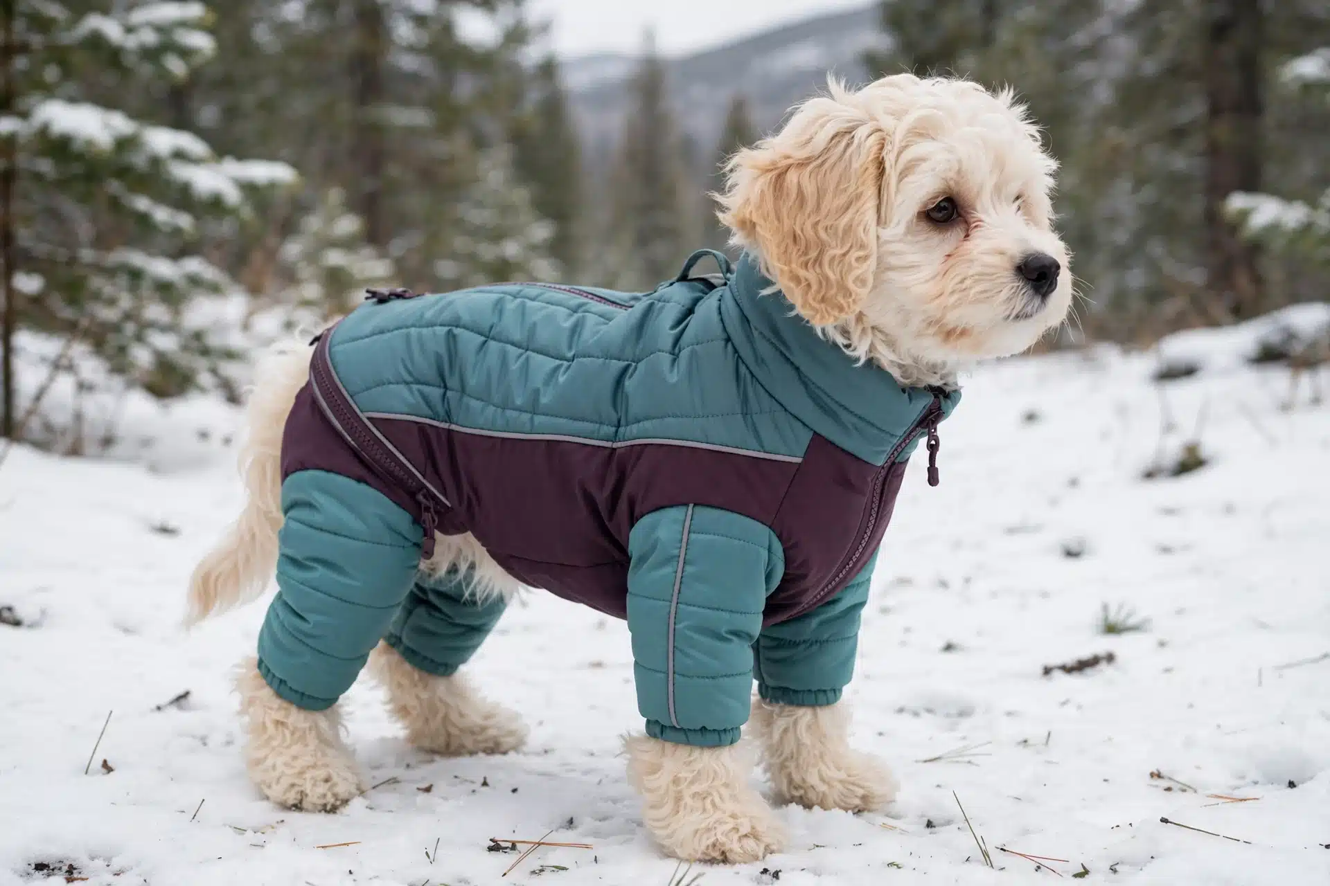 Cream puppy in insulated jacket on snowy ground
