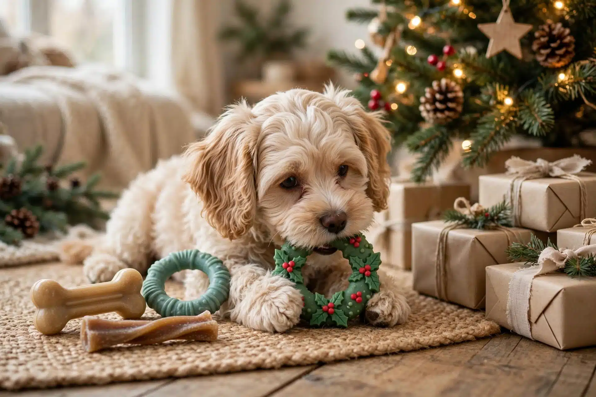 Fluffy puppy chewing festive toy near wrapped gifts