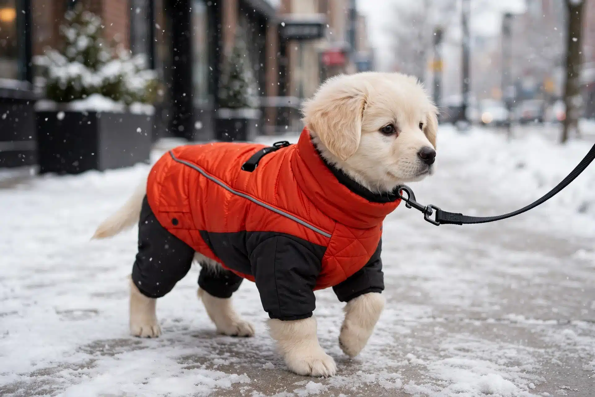 Cream puppy in fitted parka on snowy sidewalk