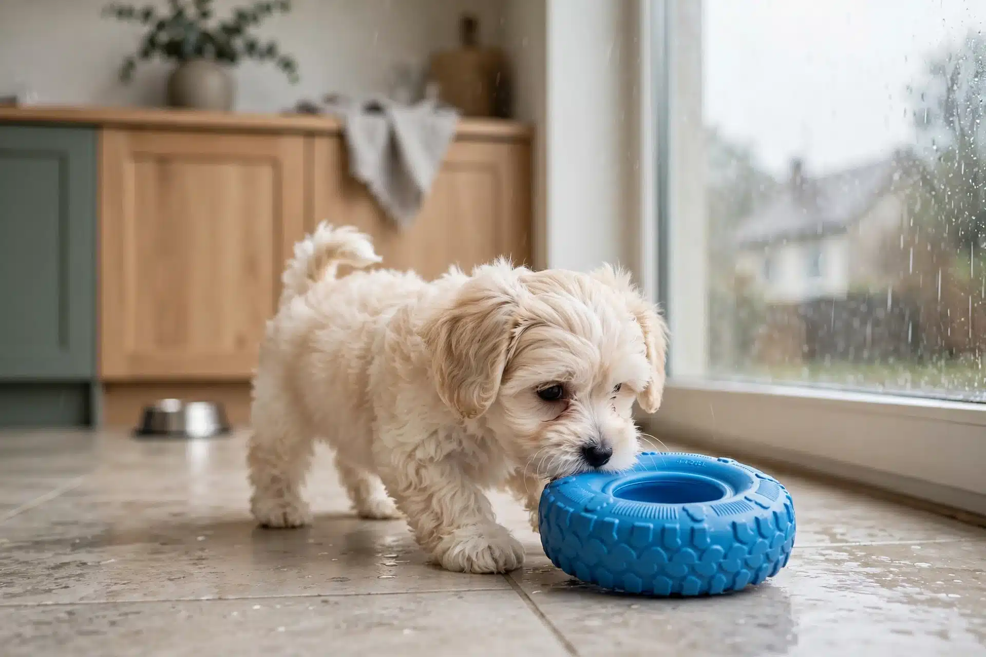 Cream puppy nudging blue rubber tire toy on rainy kitchen floor