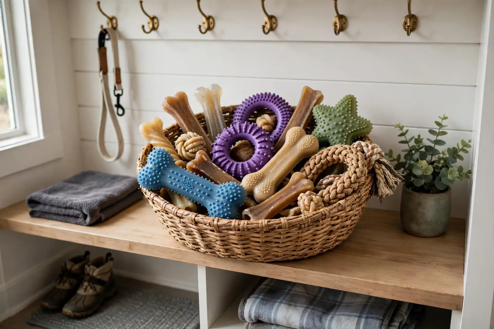 Woven basket of assorted puppy chew toys