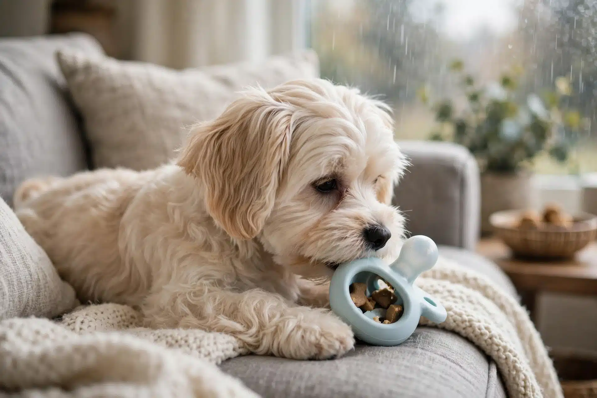 Cream Havanese puppy chewing blue pacifier toy on couch