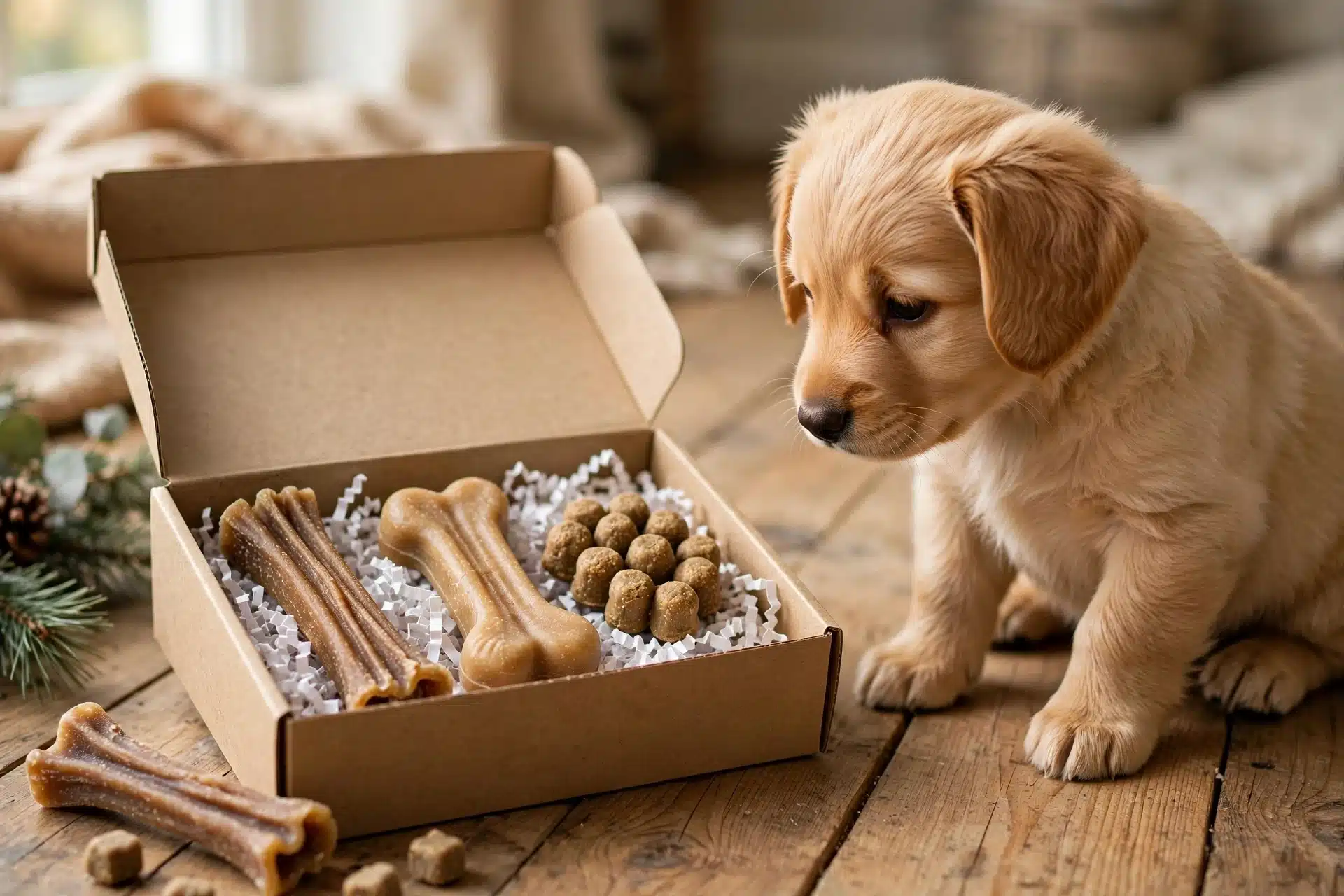 Festive chew box beside curious puppy