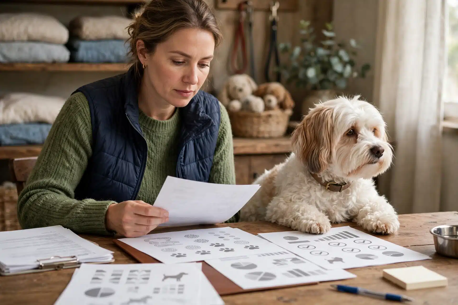 Breeder reviewing OFA certificates beside Havanese mother