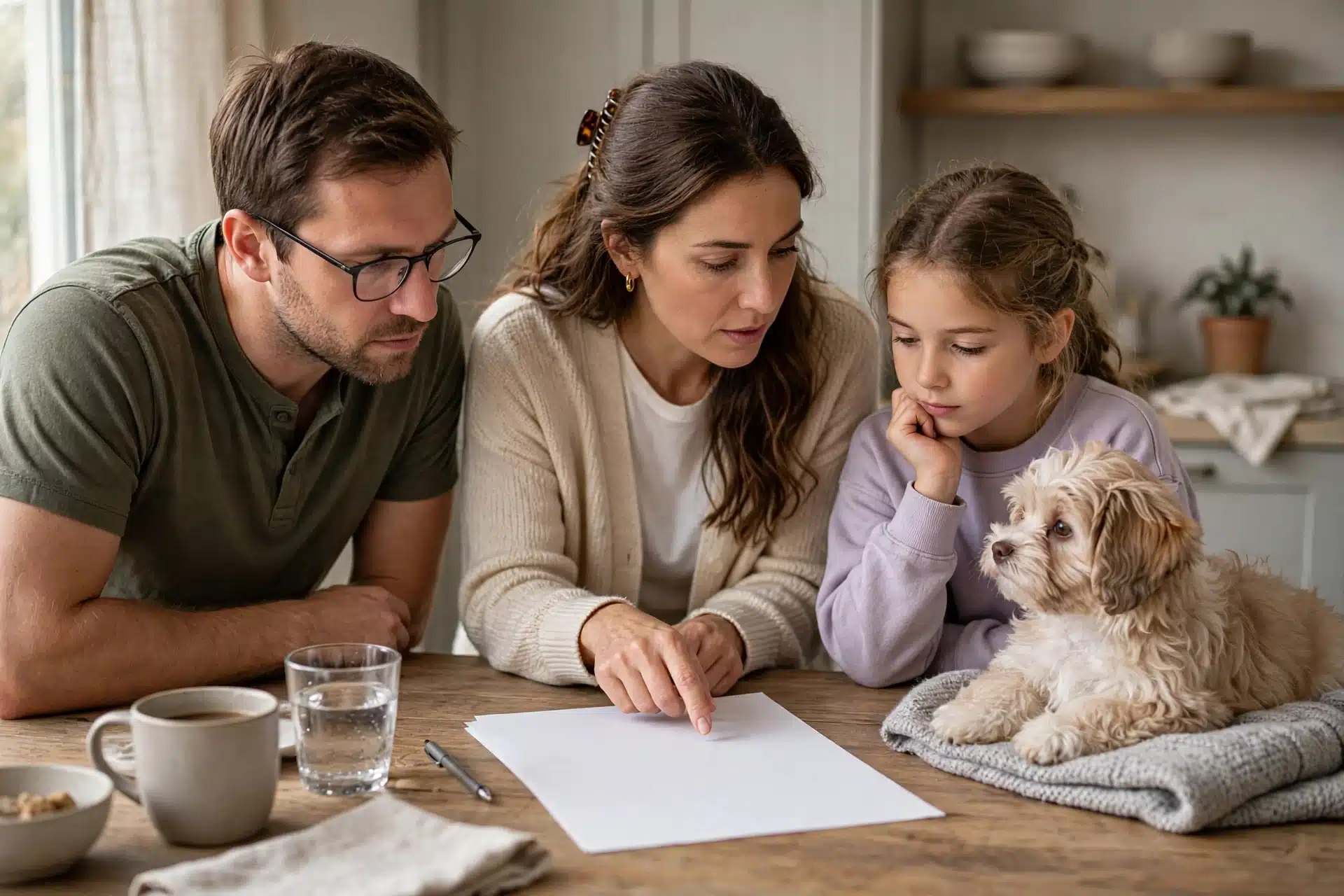 Family reviewing puppy health contract at kitchen table
