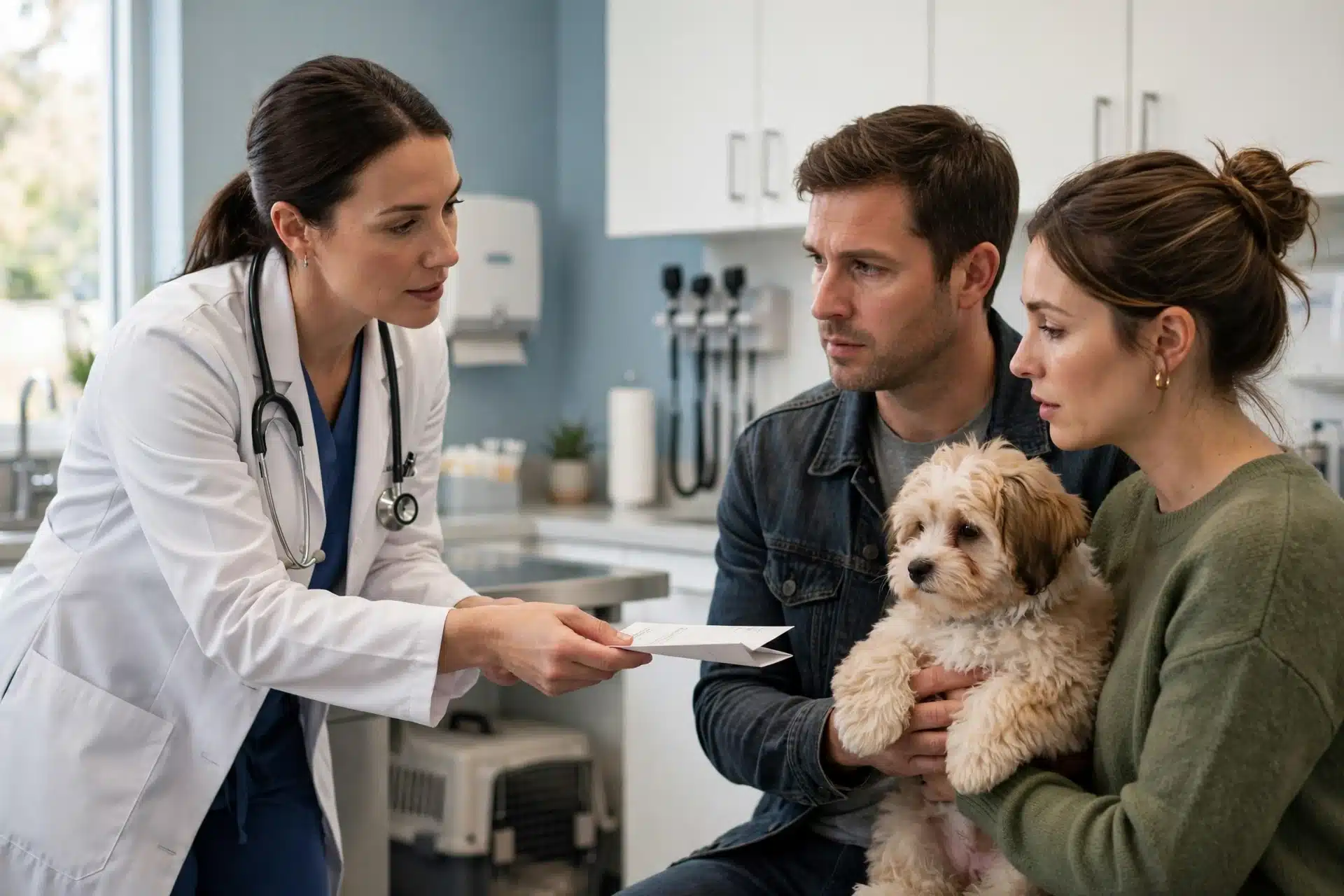 Veterinarian handing invoice to puppy owners