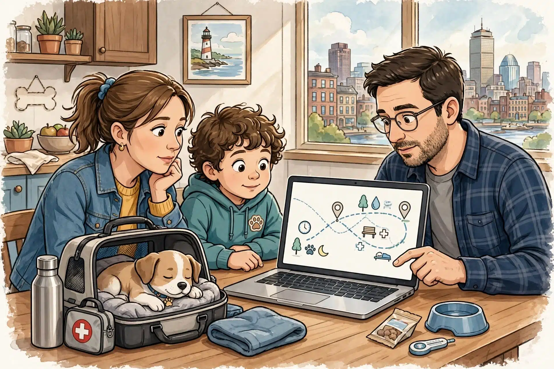 Family comparing travel plans for puppy pickup