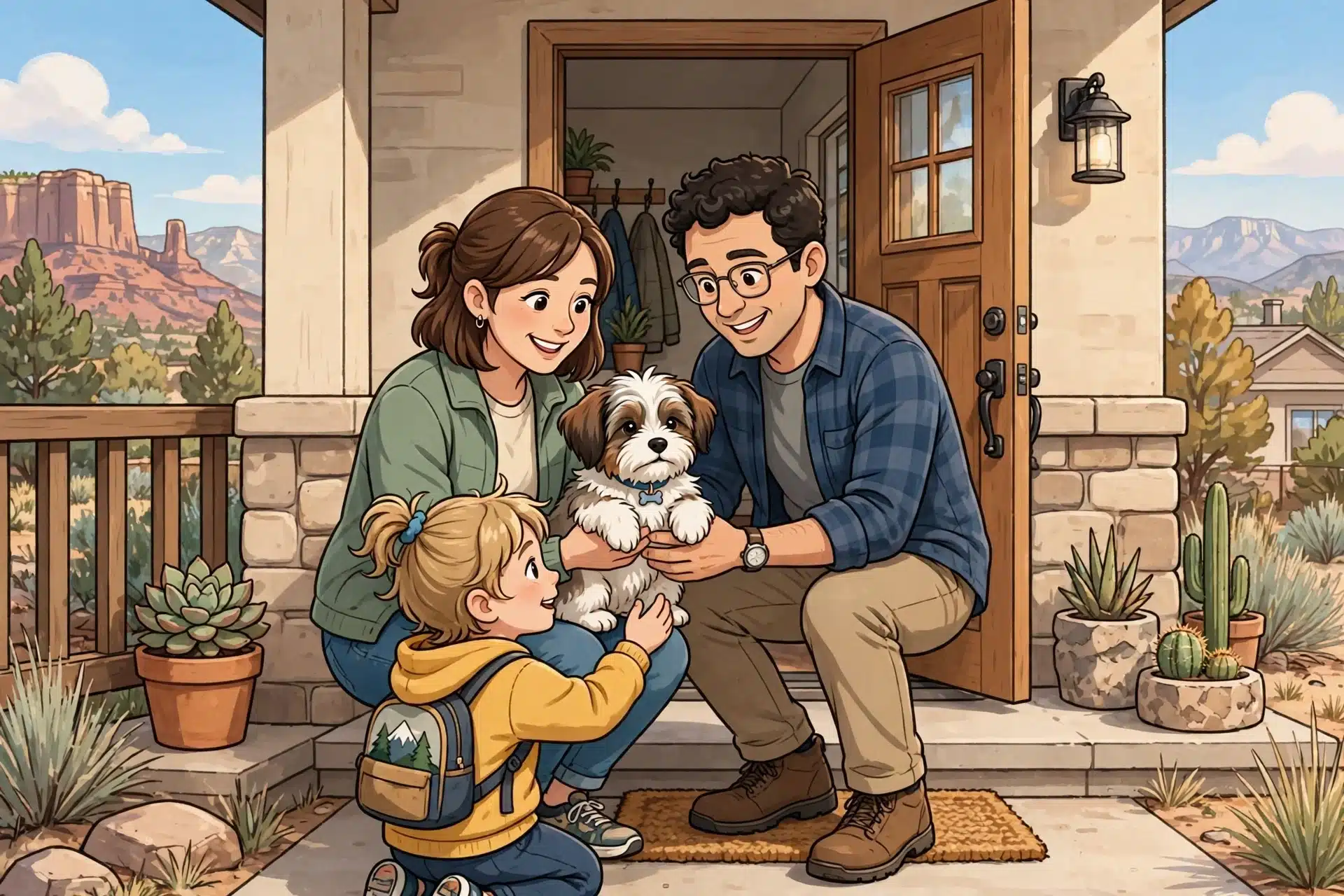 Sunlit doorstep family greeting new Havanese puppy