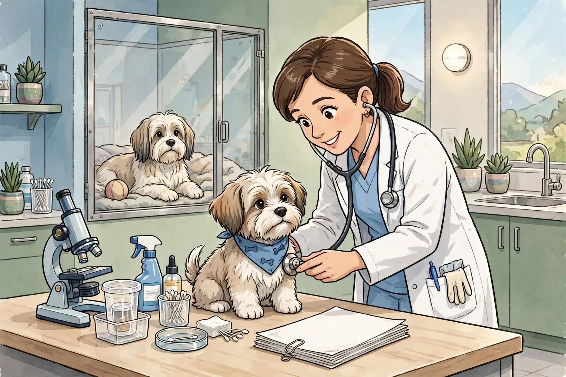 Veterinarian examining Havanese puppy with vaccine records