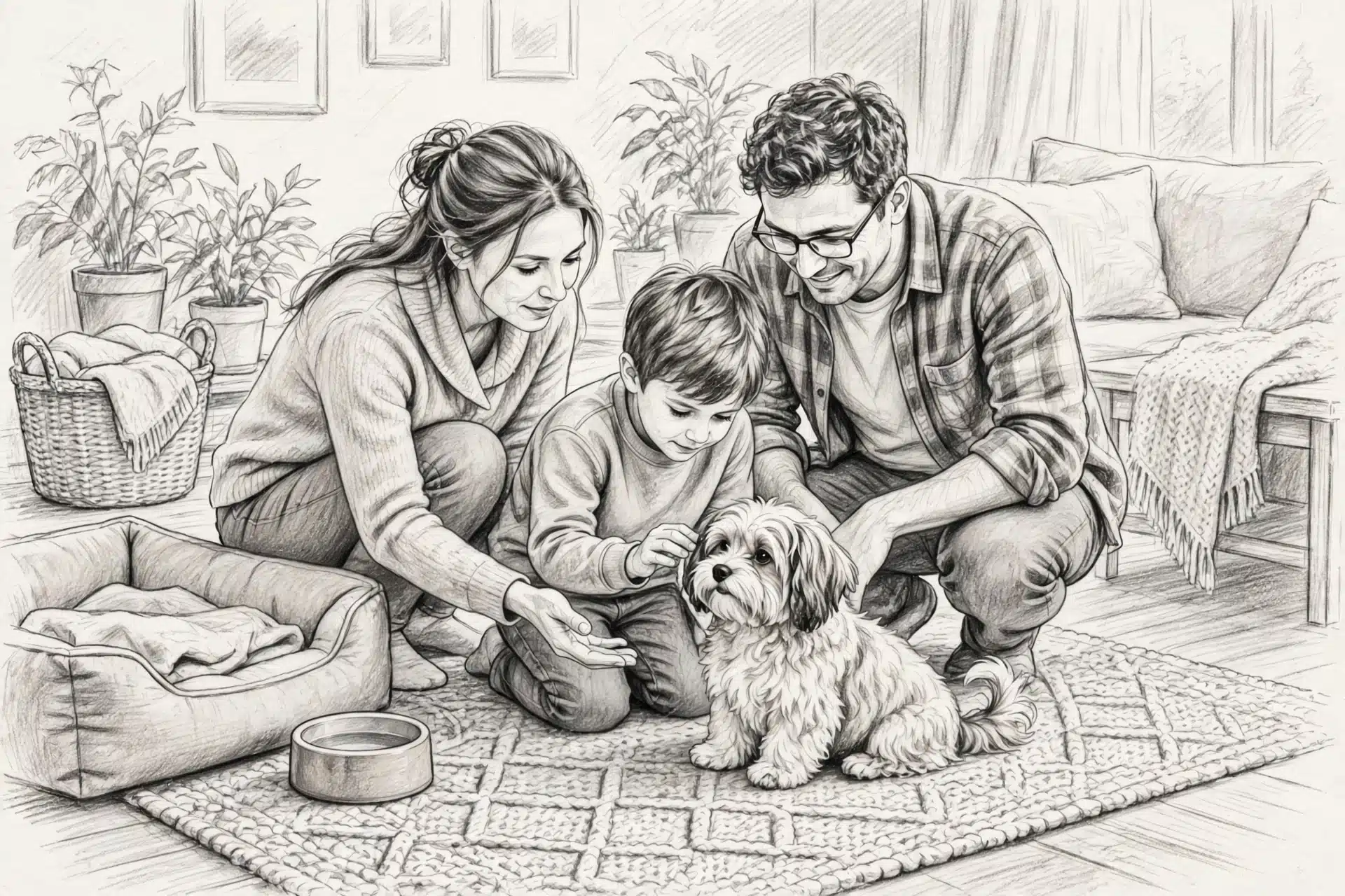 Family greeting Havanese puppy on living room rug