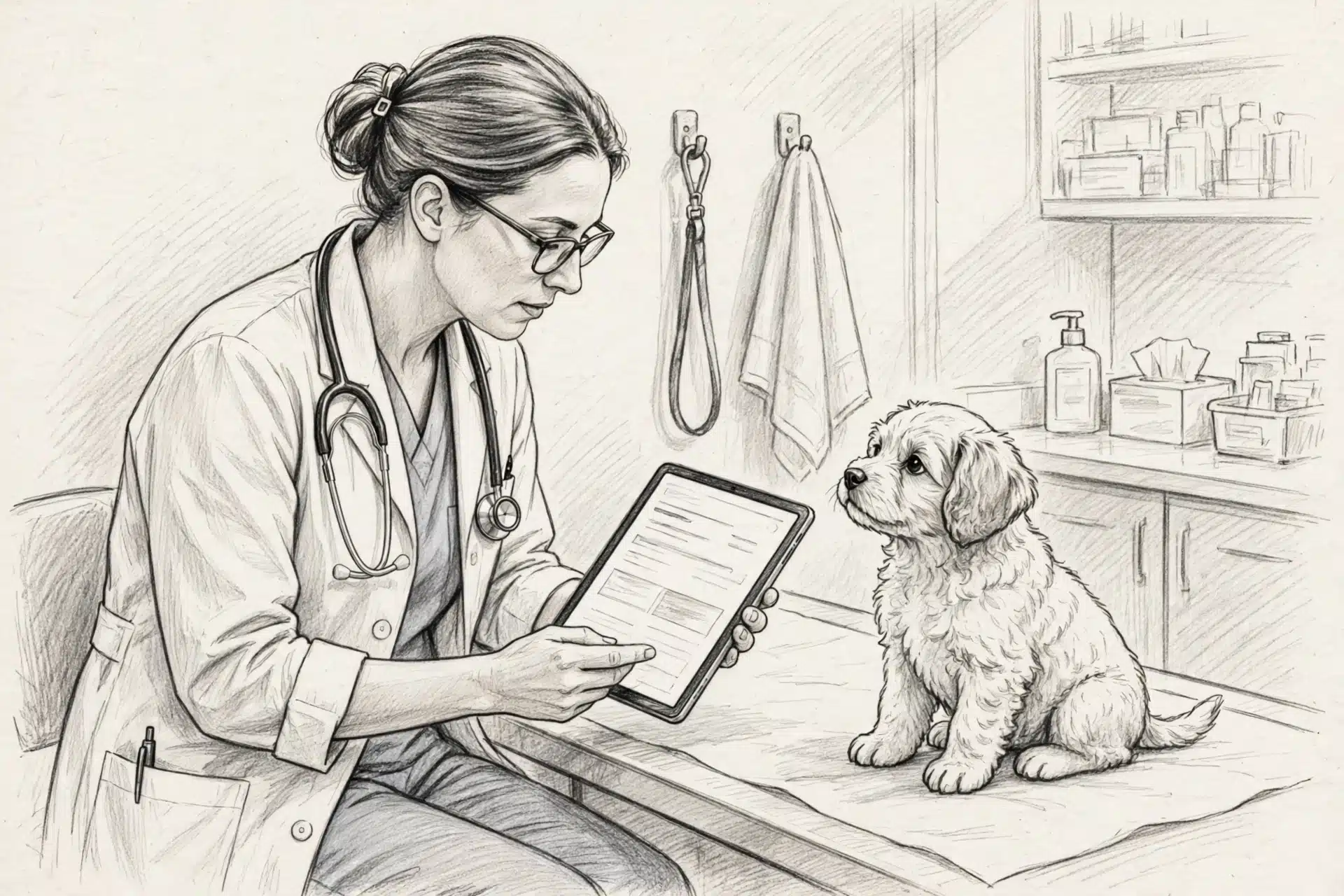 Veterinarian reviewing digital health certificate beside puppy