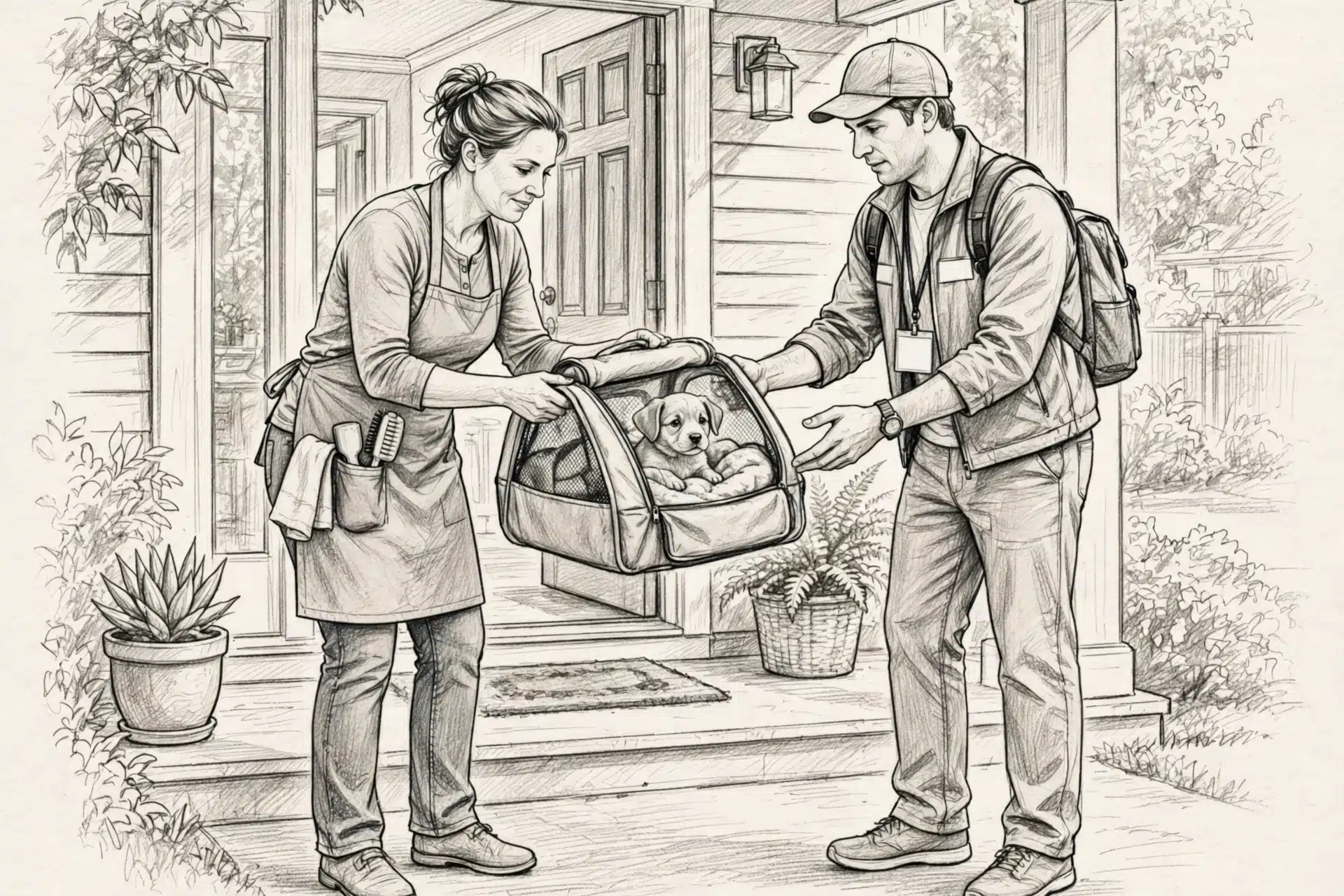 Breeder handing puppy to delivery driver