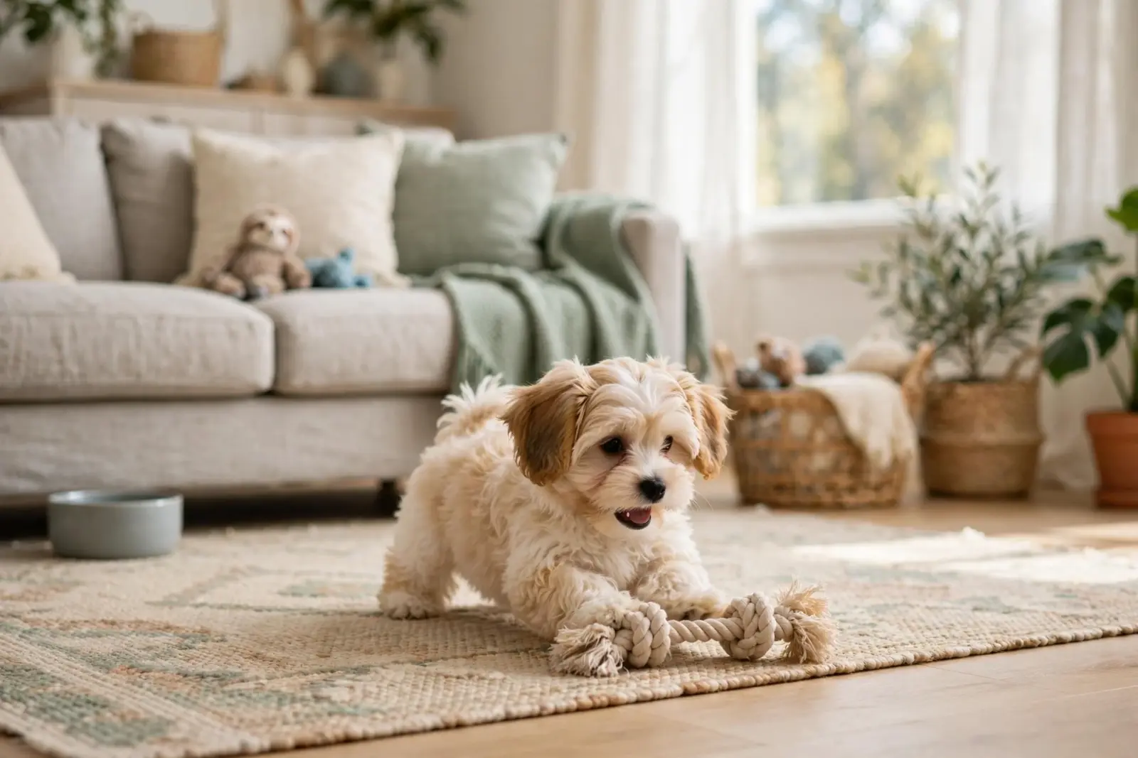 Fluffy light brown puppy playing with a rope toy on a rug in a bright, airy living room. A couch and plants are in the background.