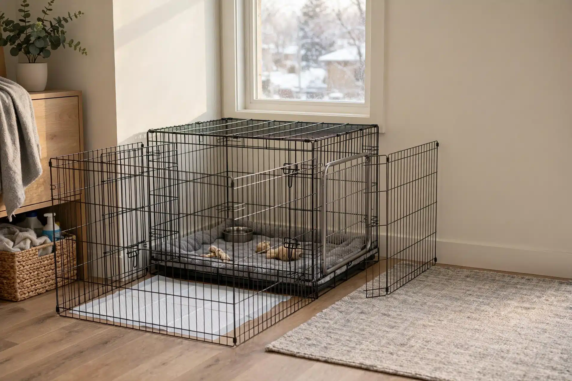 Wire crate with playpen in apartment corner