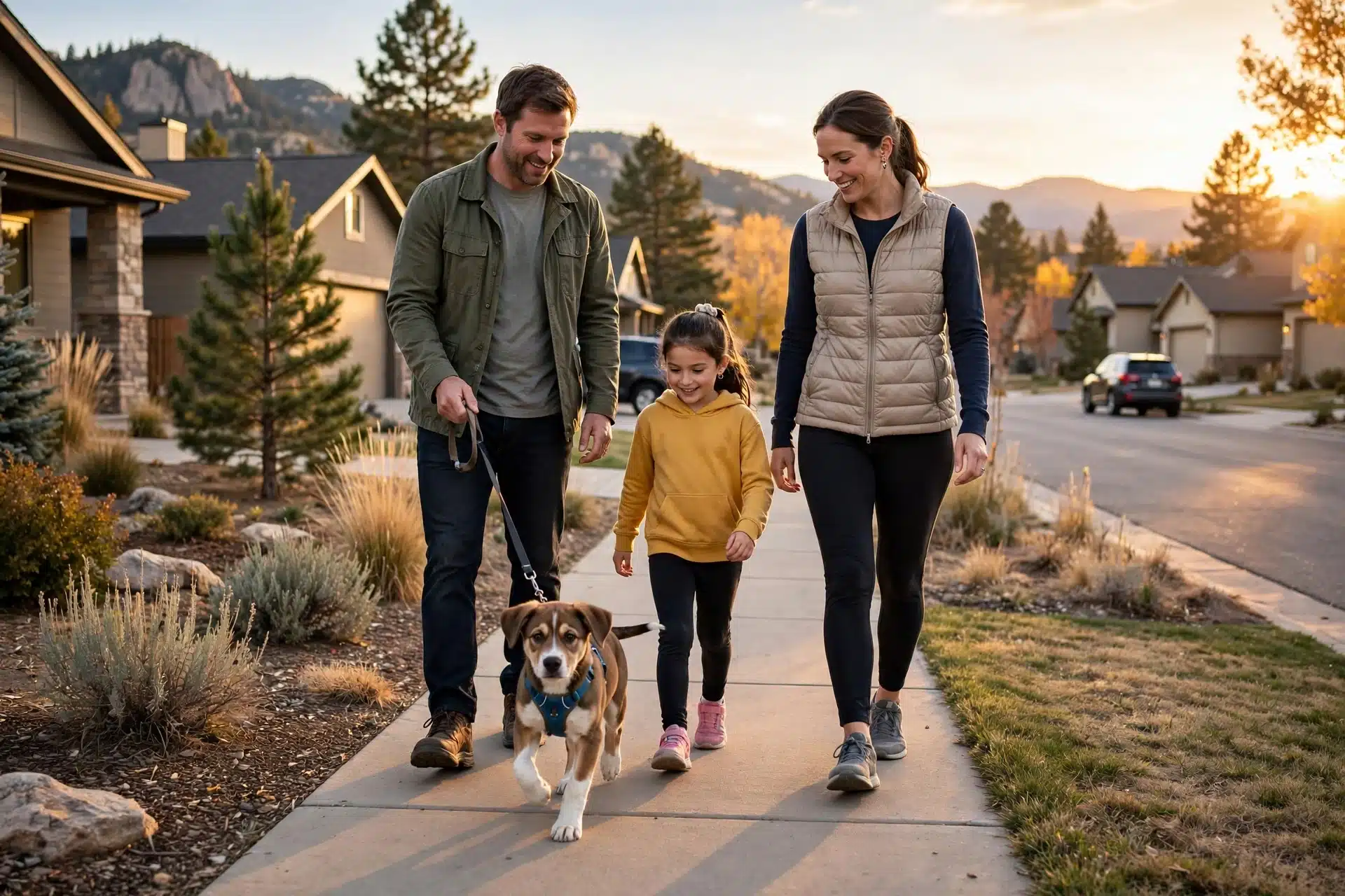 Family walking medium puppy at golden hour
