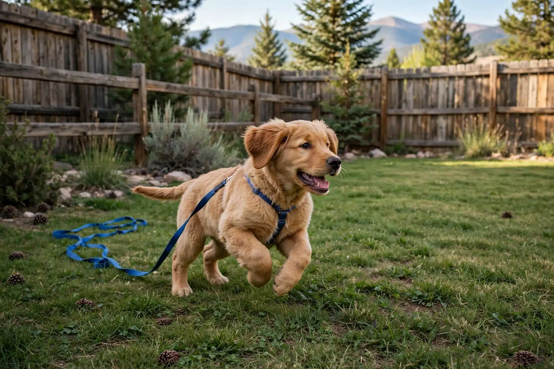 Large puppy playing freely in fenced backyard