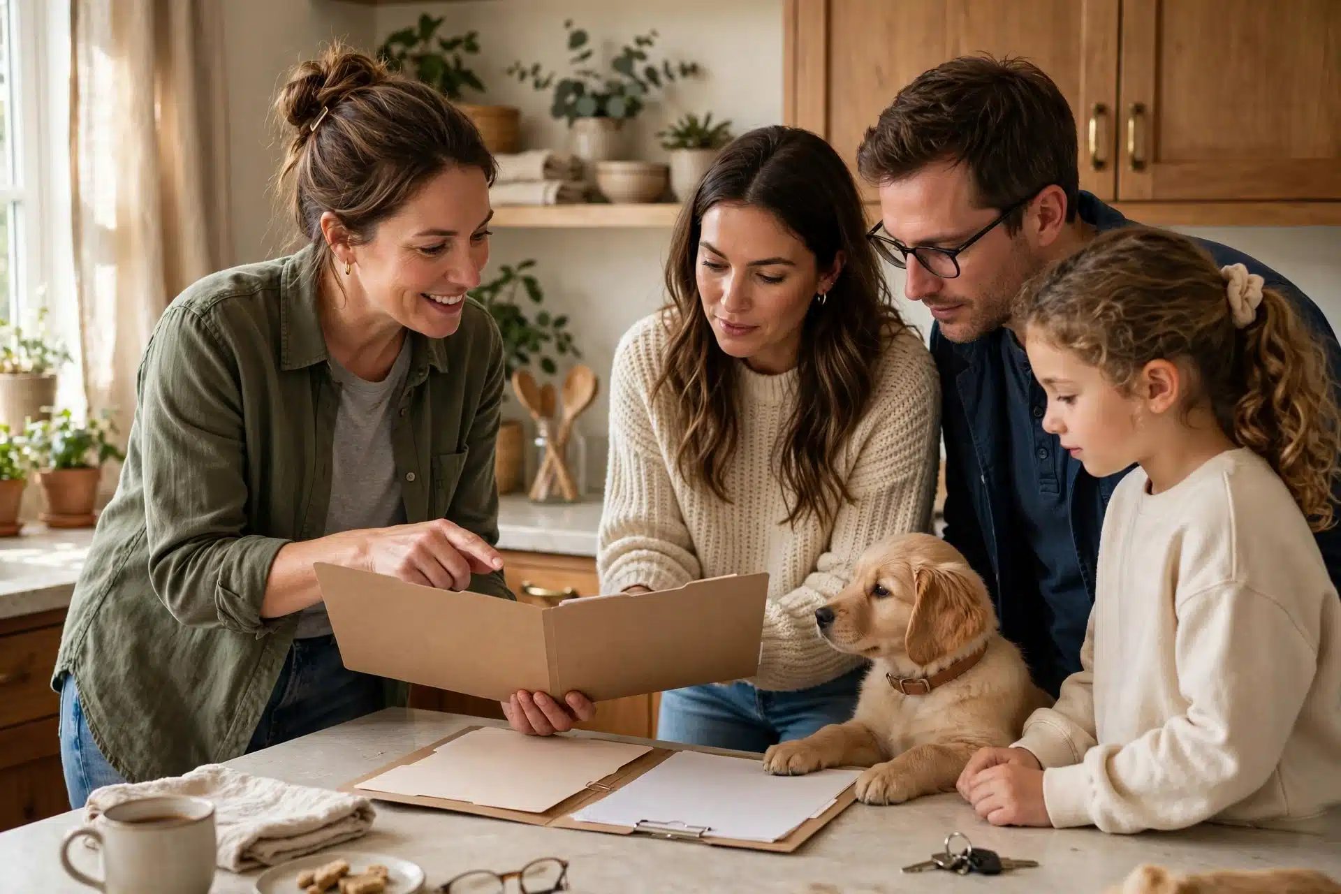 Family reviewing puppy vaccination folder with breeder