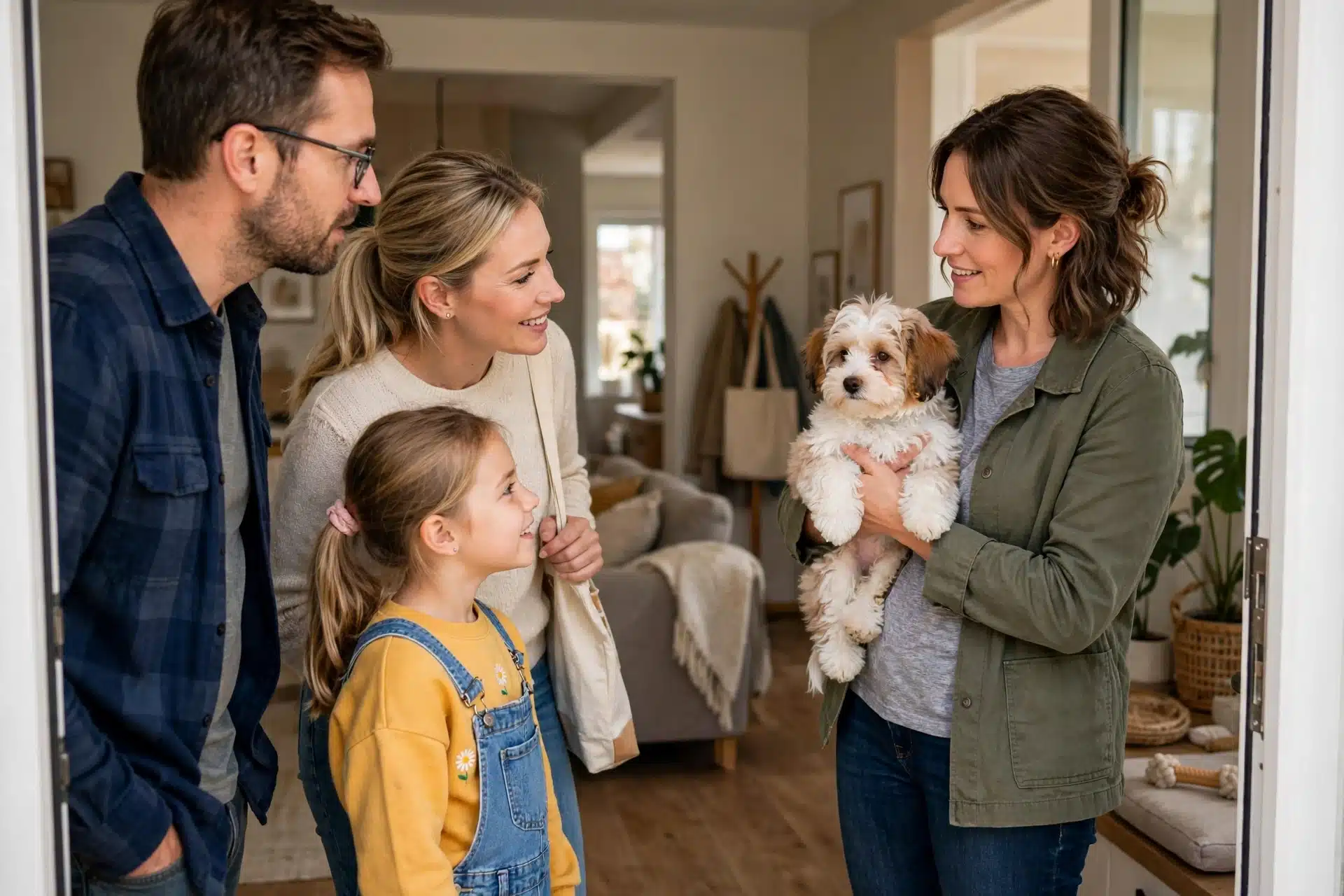 Family questioning breeder holding Havanese puppy