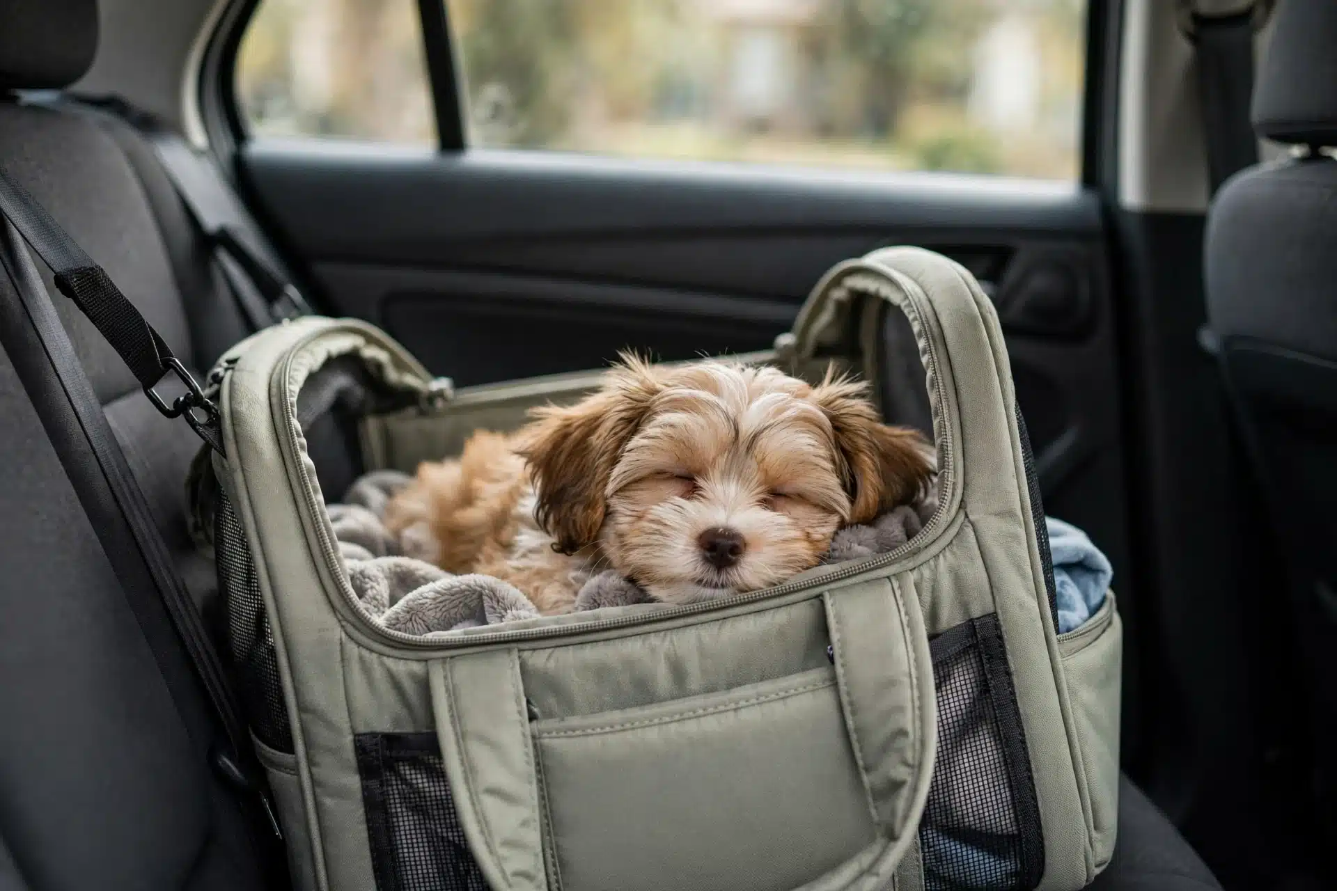 Havanese puppy resting in car travel carrier