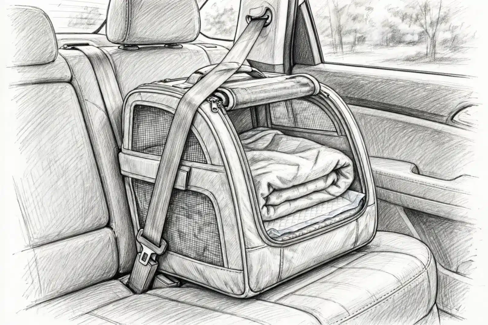 Pencil-style illustration of an empty soft-sided carrier with a folded blanket on a car’s rear seat and a seatbelt drawn around it