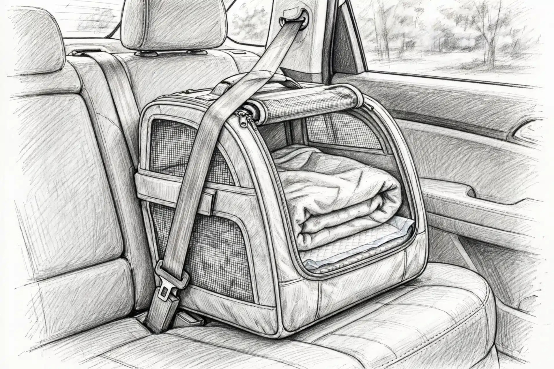 Puppy carrier secured on car seat