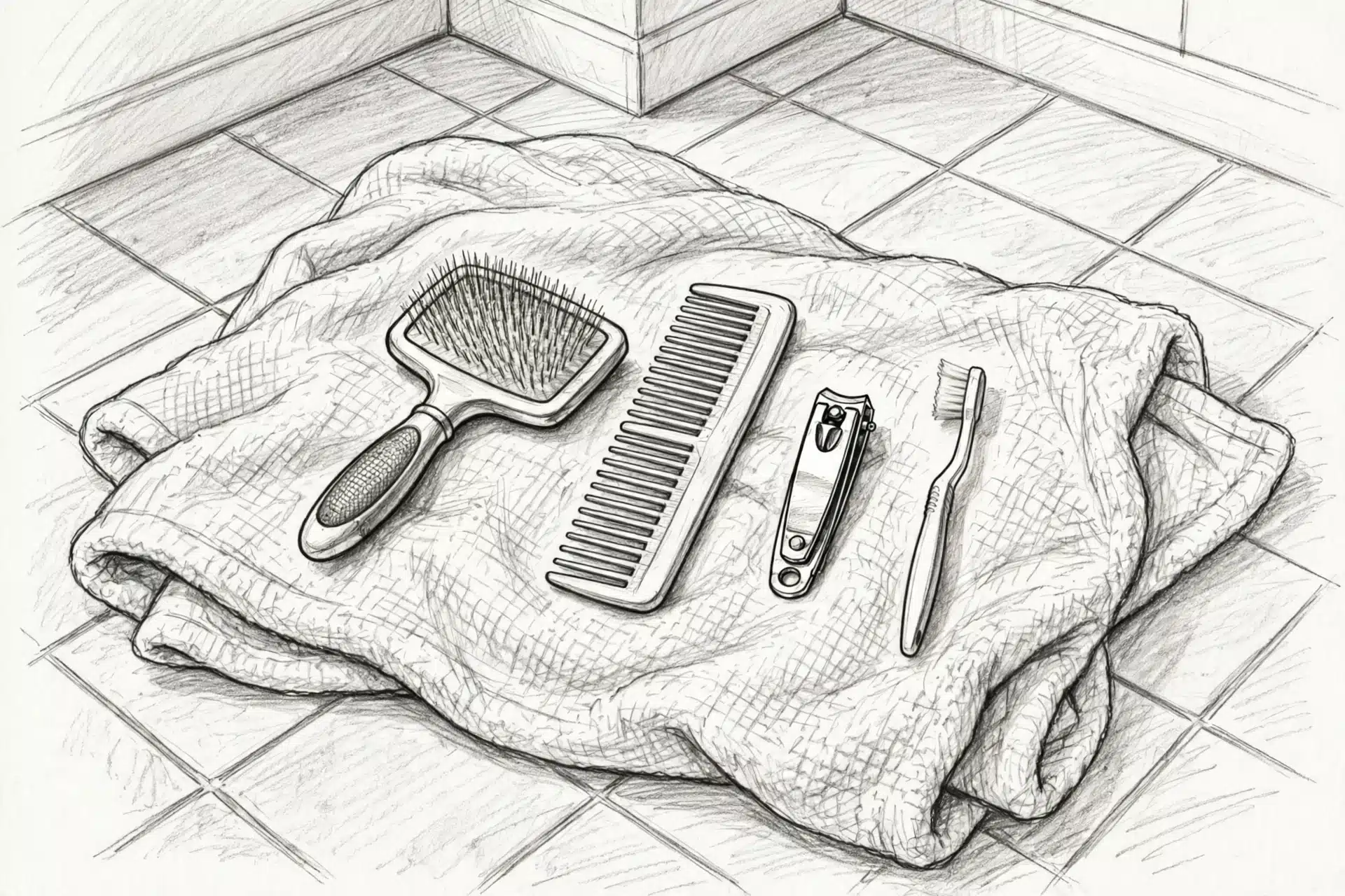 Pencil sketch of puppy grooming supplies on bathroom blanket