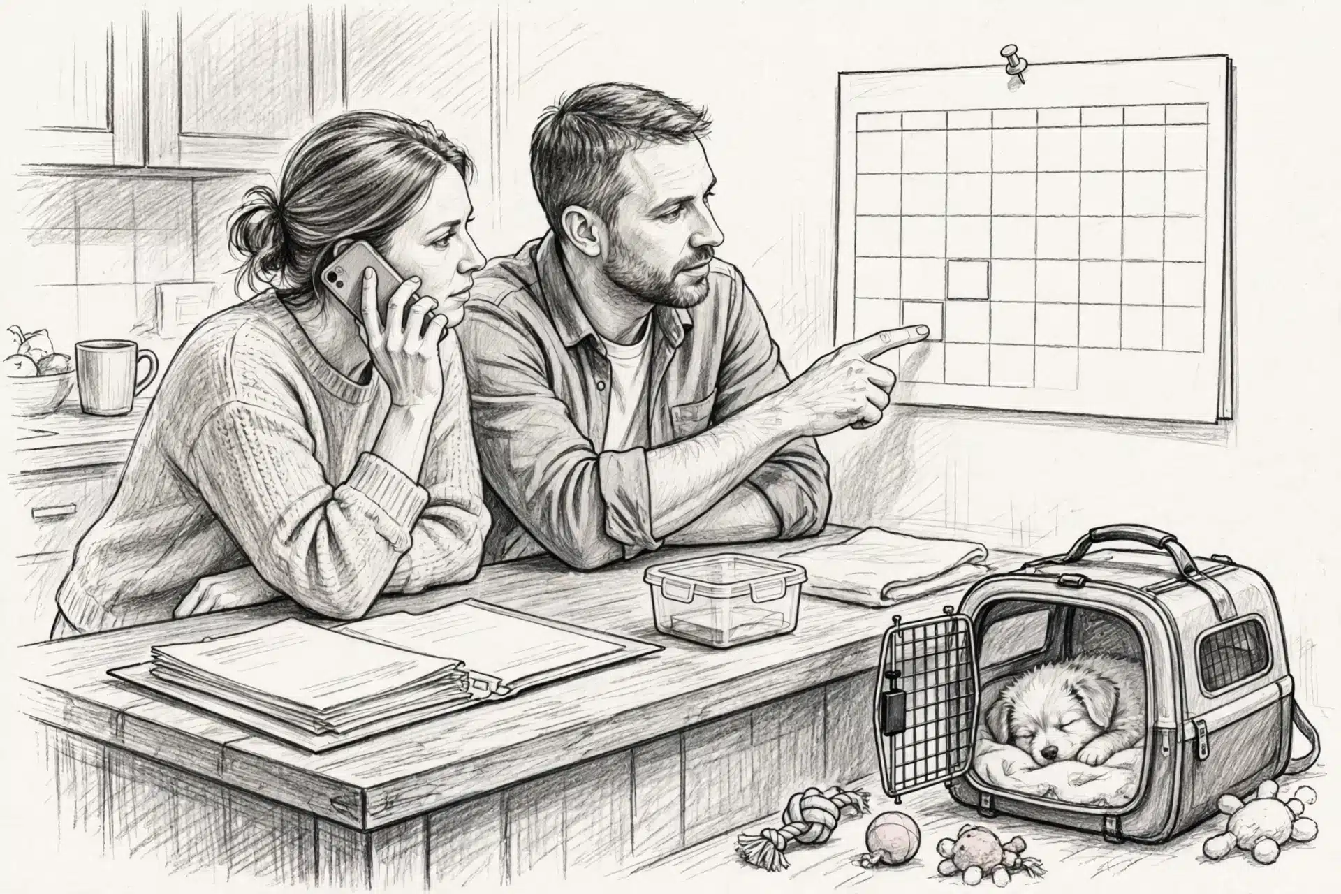 Family scheduling puppy vet appointment on calendar