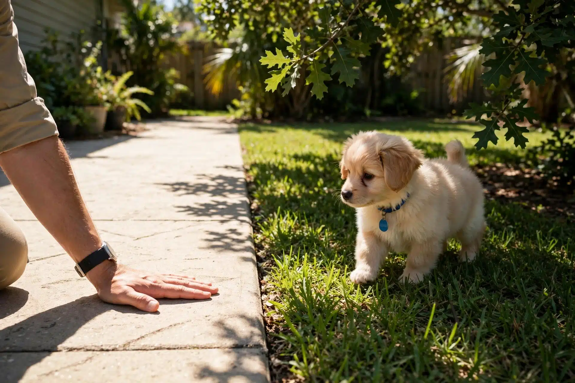 Puppy resting on shaded grass beside sunlit pavement