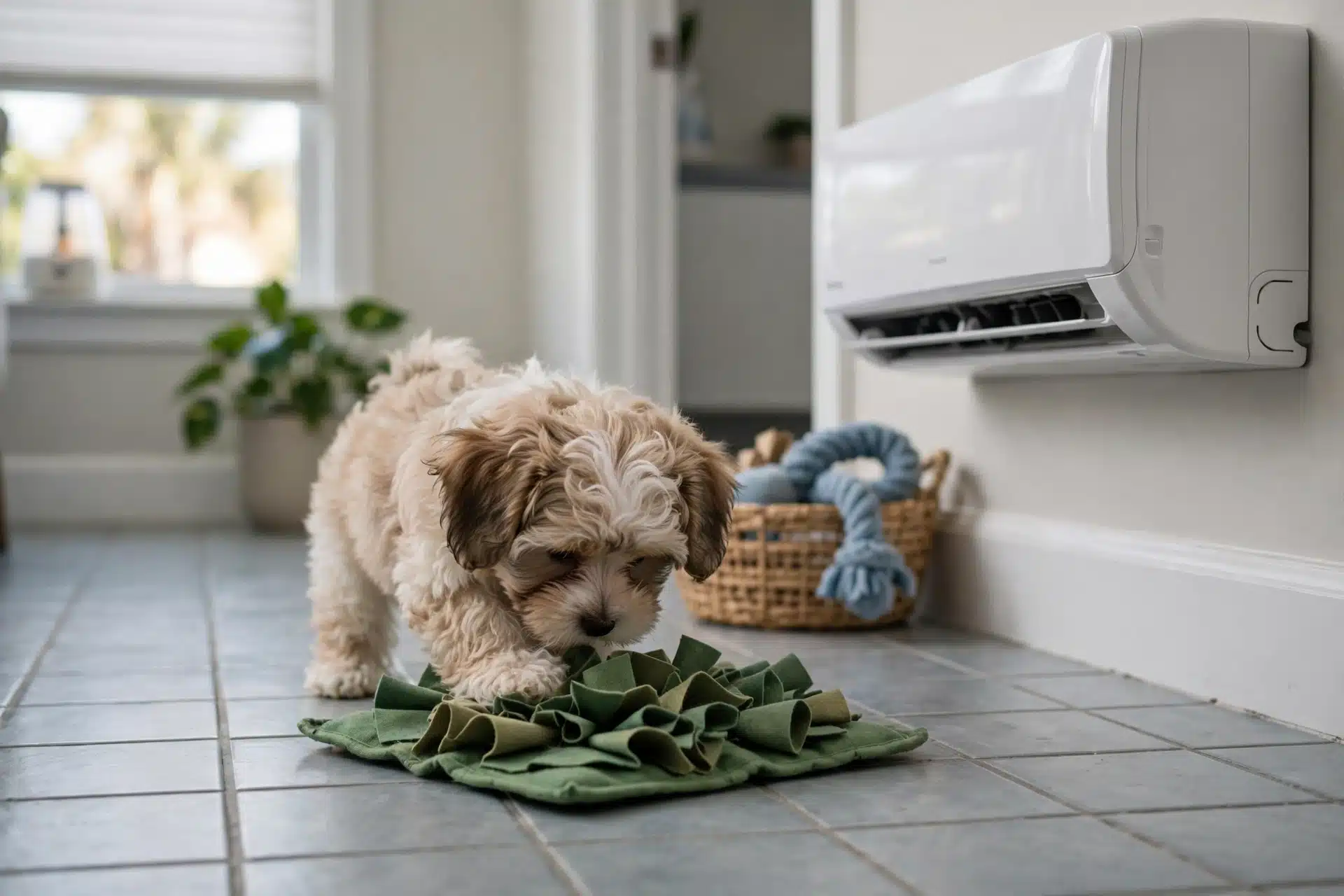 Havanese puppy sniffing snuffle mat on cool tile