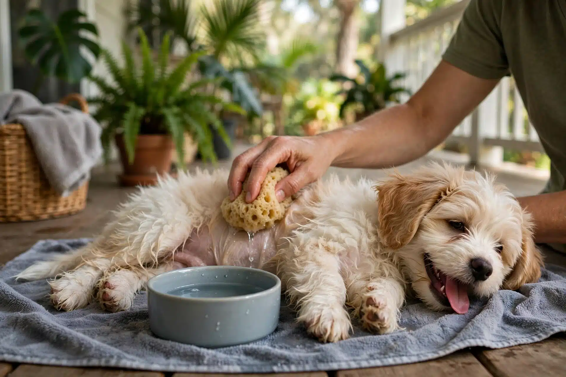 Owner cooling puppy's belly on shaded porch