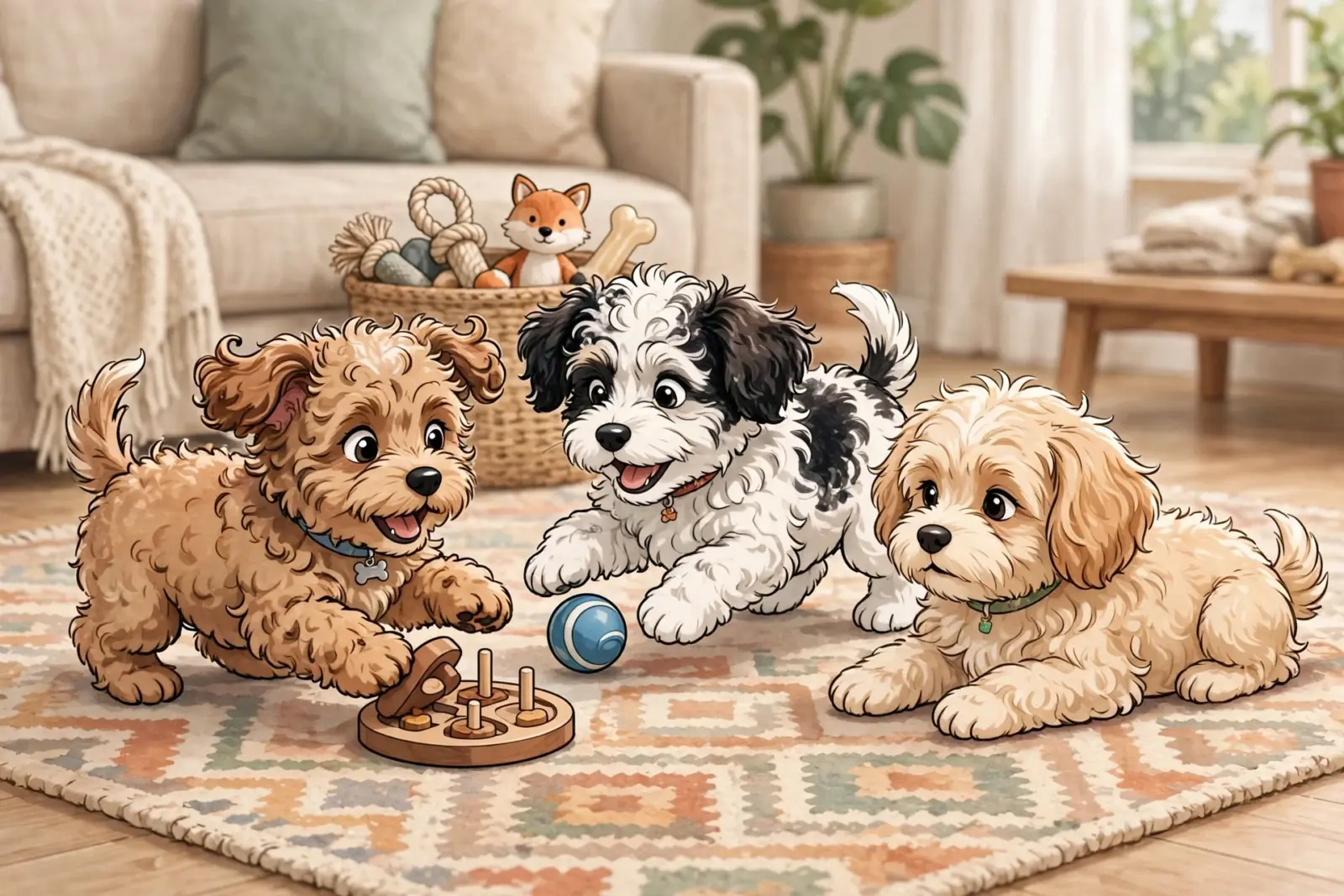 Illustration of three fluffy puppies on a patterned rug beside a blue ball and a wooden puzzle toy, with a sofa and toy basket behind them
