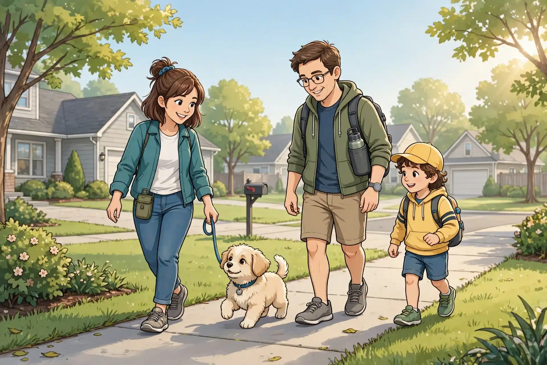 Morning walk with fluffy puppy on suburban sidewalk