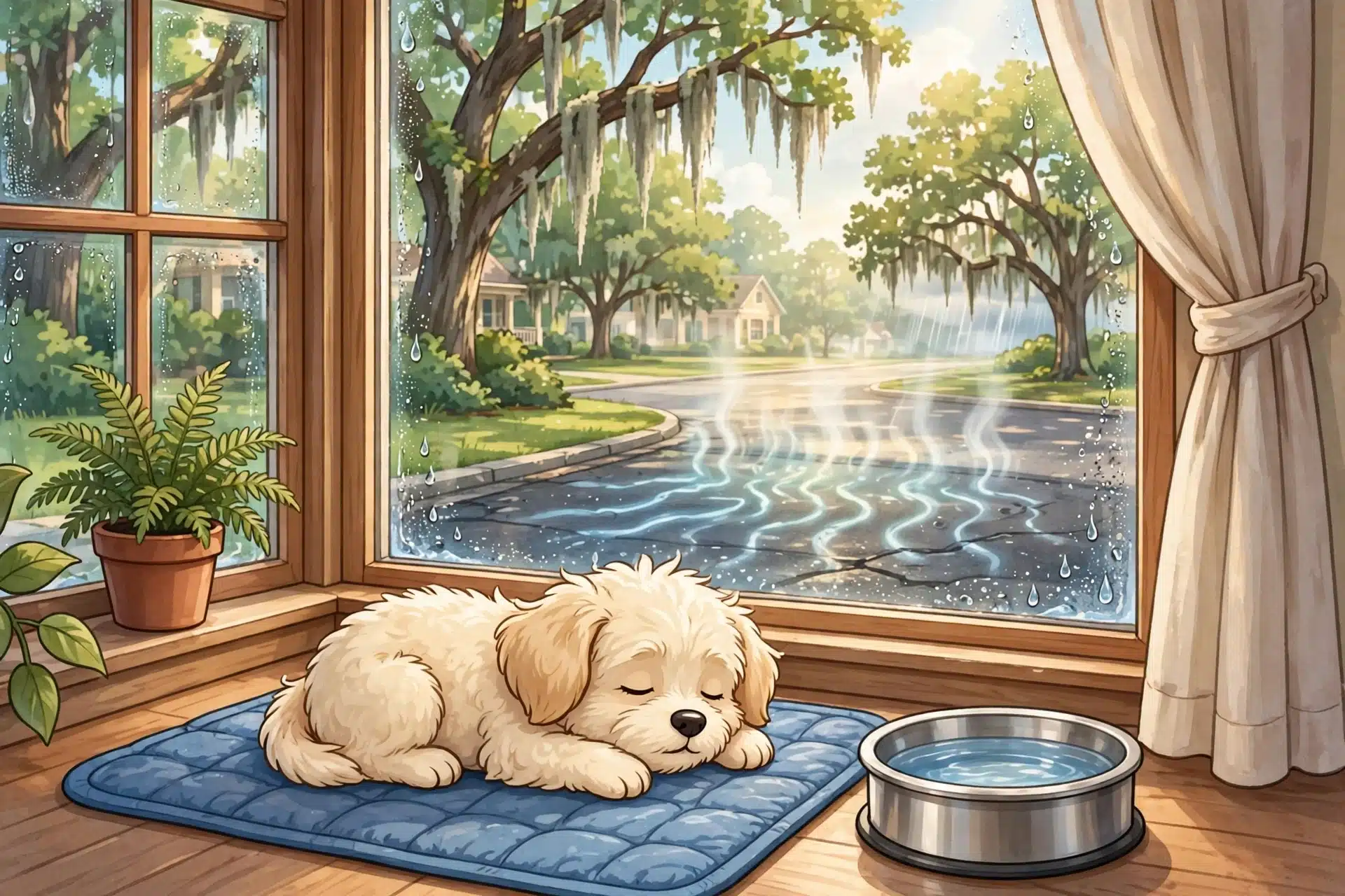 Puppy resting on cooling mat by sunny window