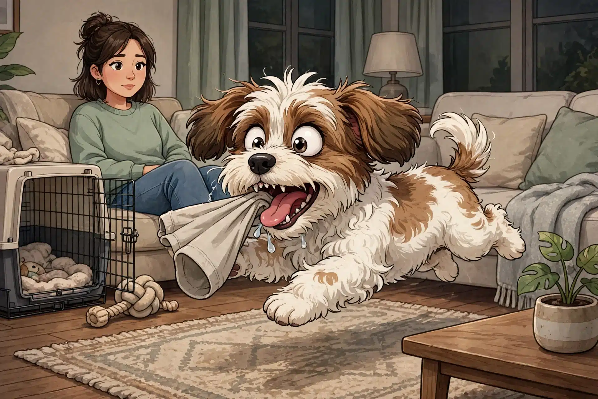 Wide-eyed Havanese puppy zooming on rug while owner watches