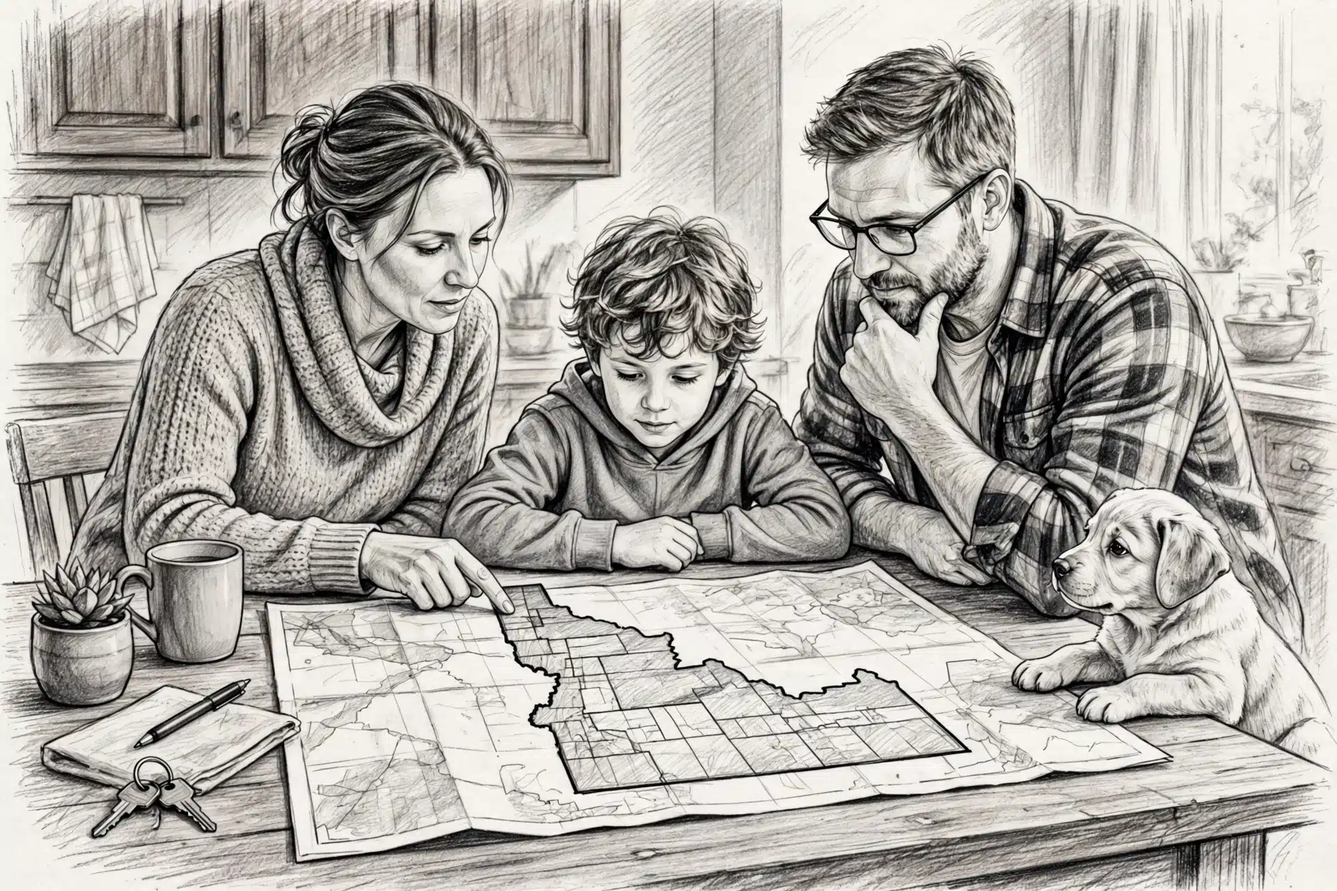 Family studying Idaho map with puppy nearby