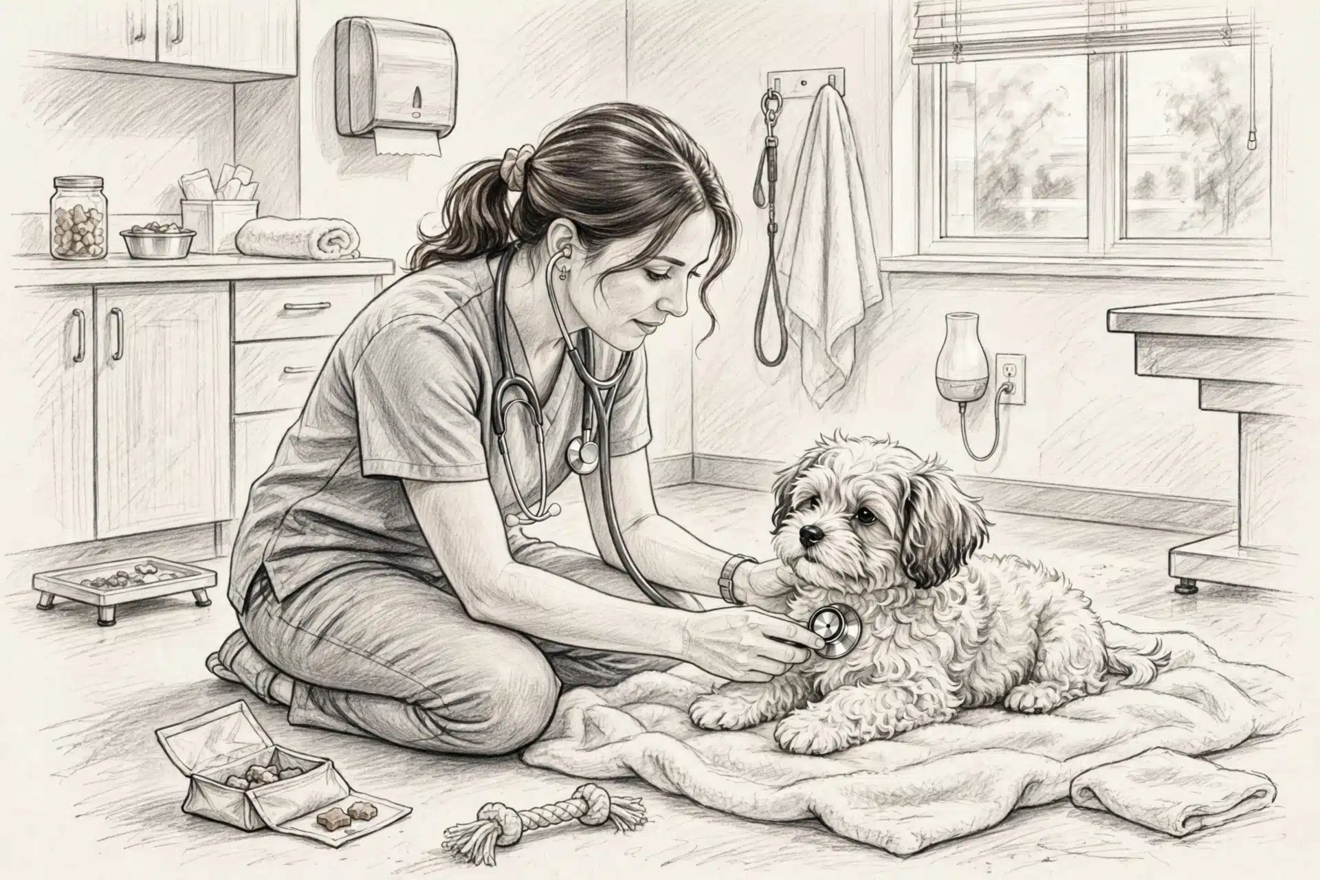 Veterinarian gently examining a Havanese puppy on the floor