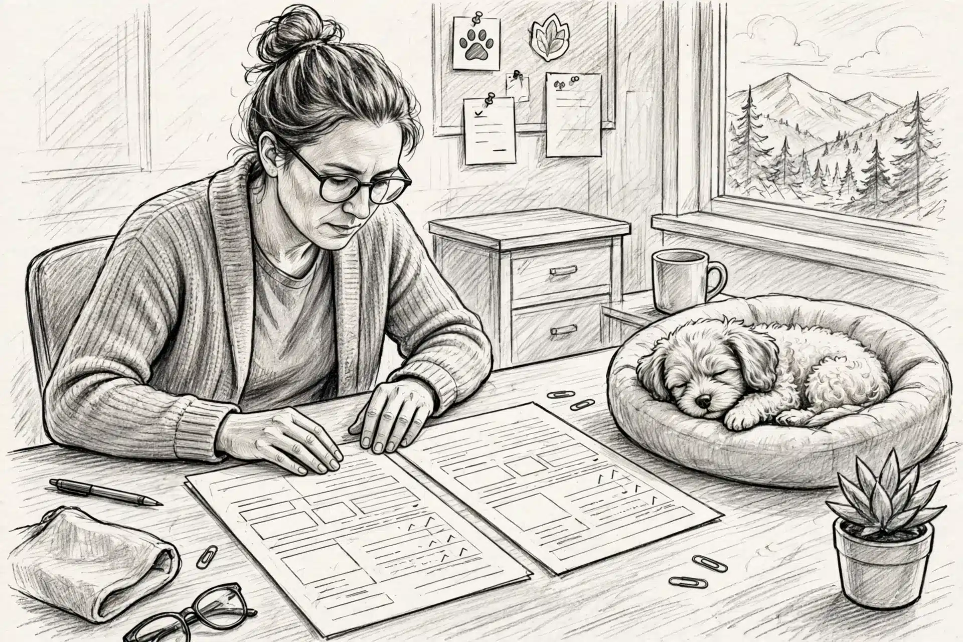 Comparing clinic price estimates beside sleeping puppy