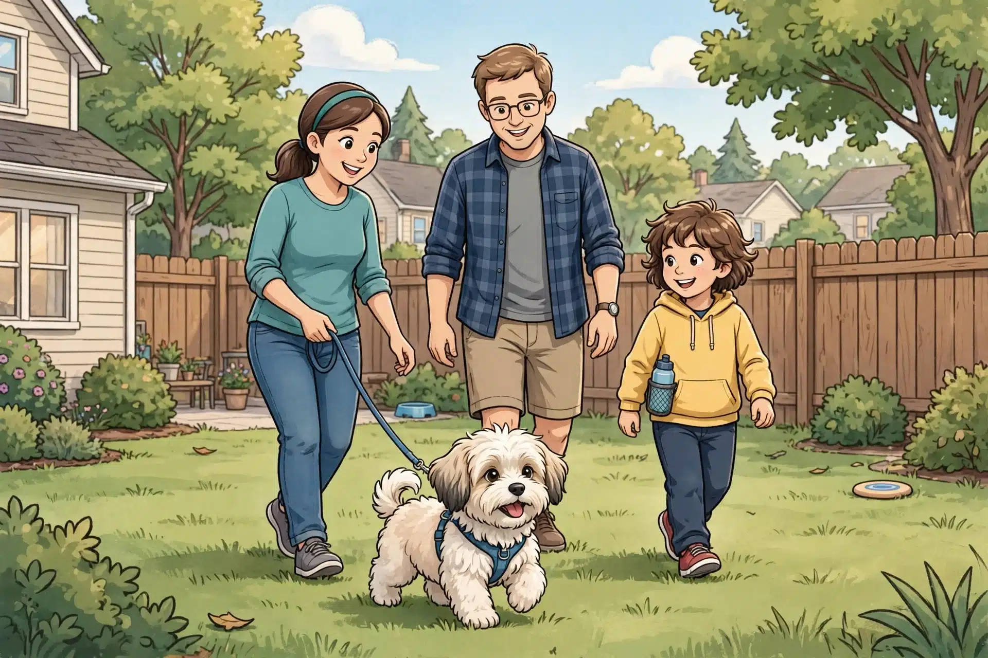 Family walking fluffy puppy on Indiana lawn