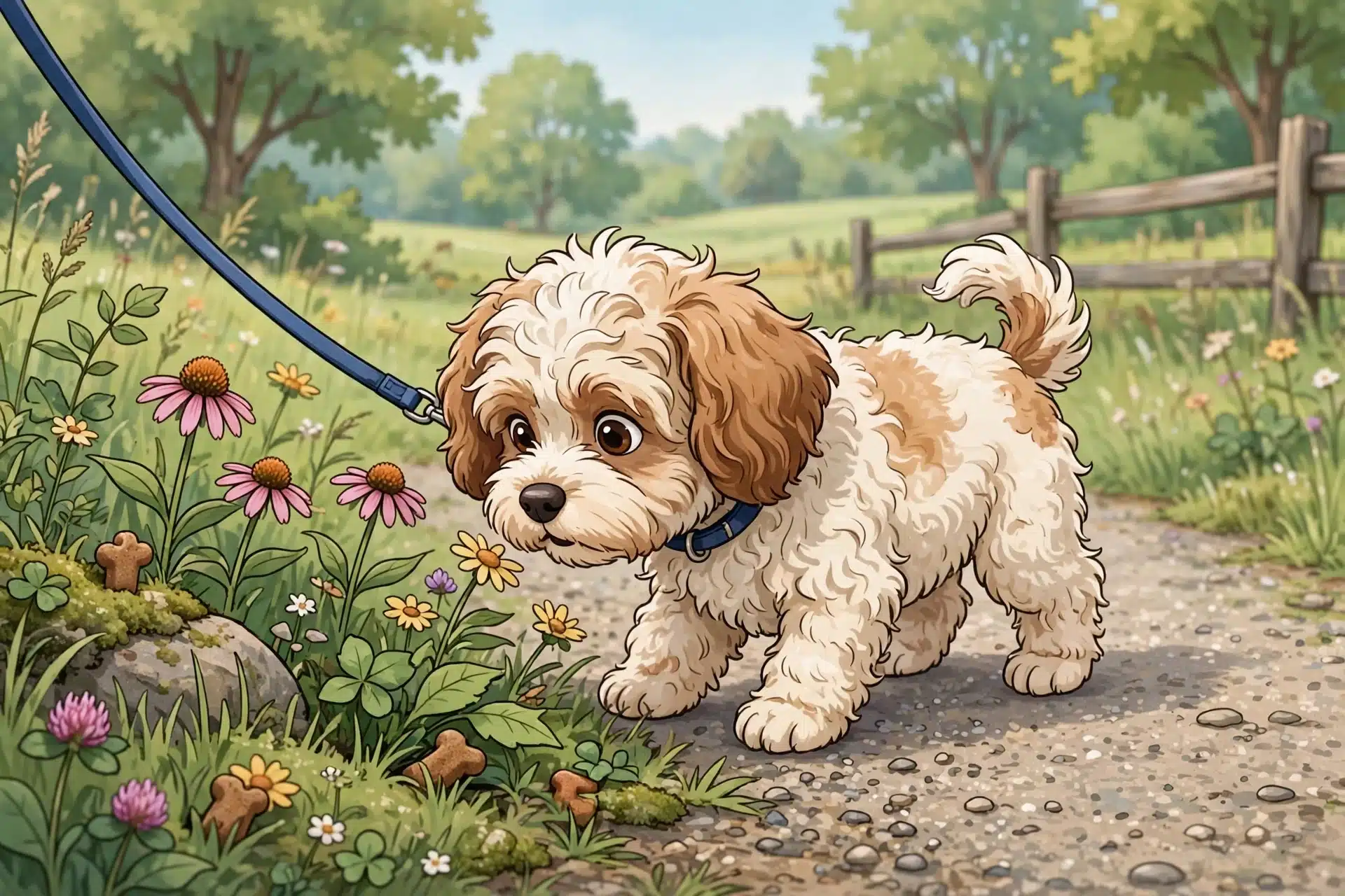 A small Cavapoo sniffing flowers along a gravel path