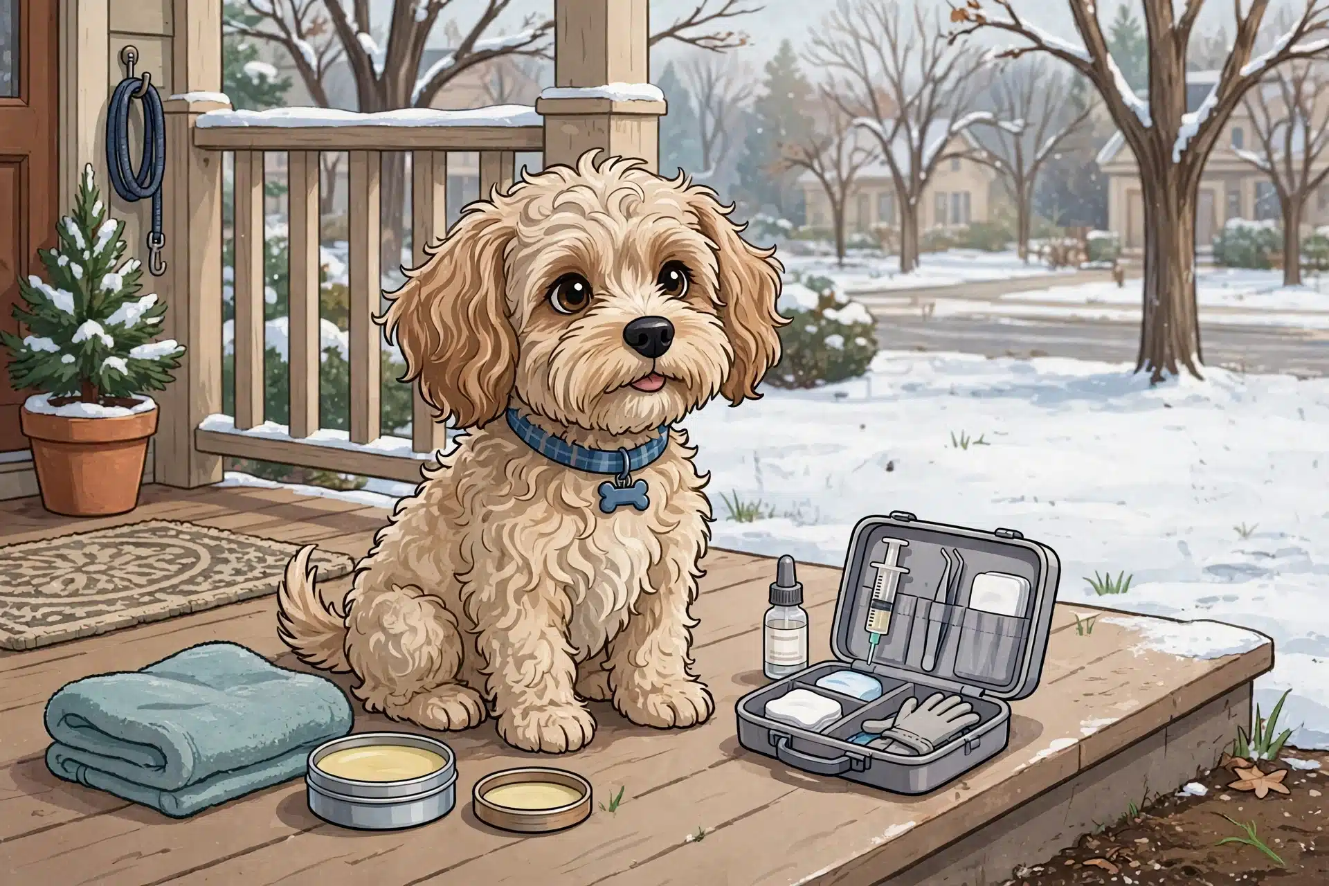 Havapoo puppy on snowy porch with paw balm