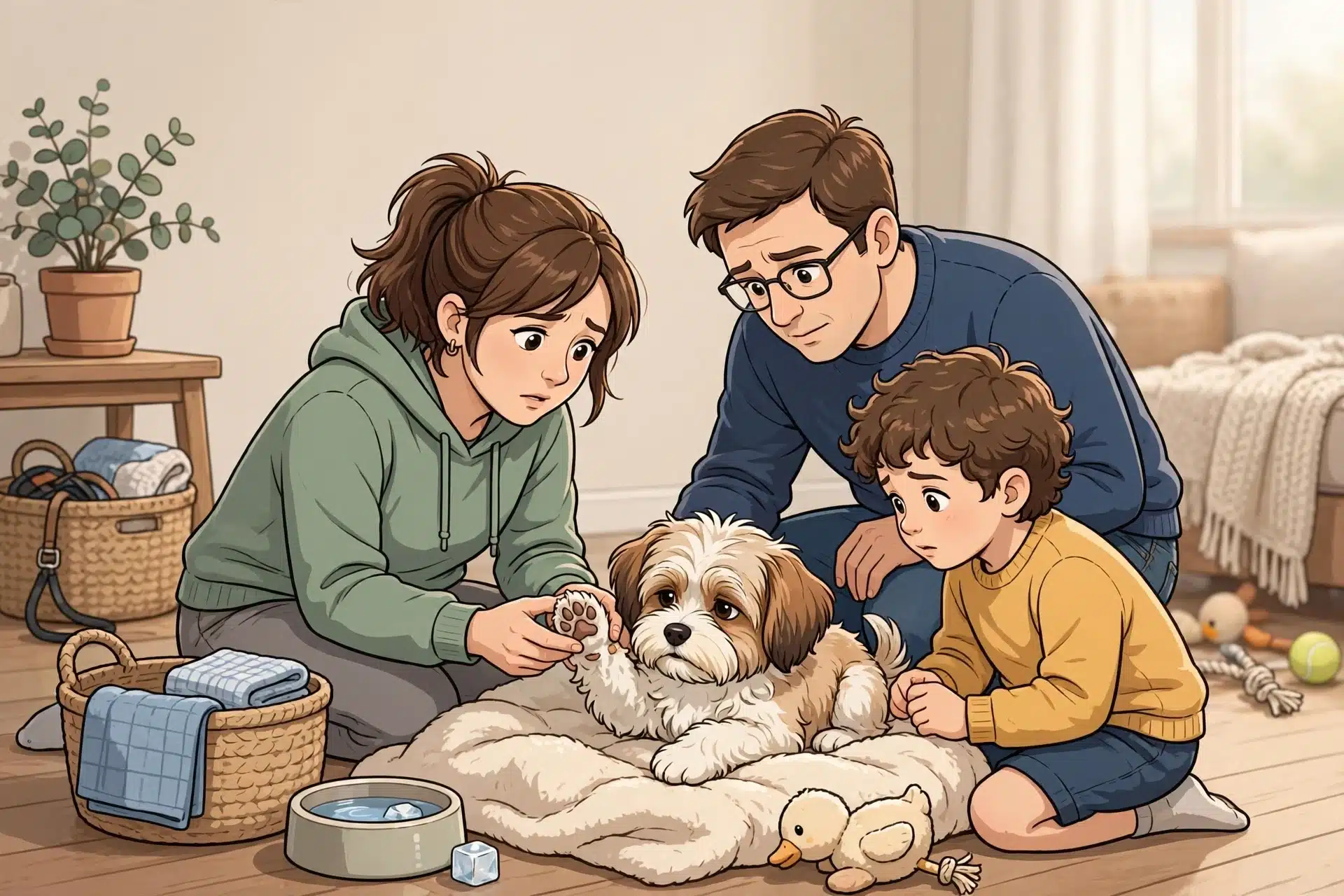 Family checking puppy paw pads on blanket