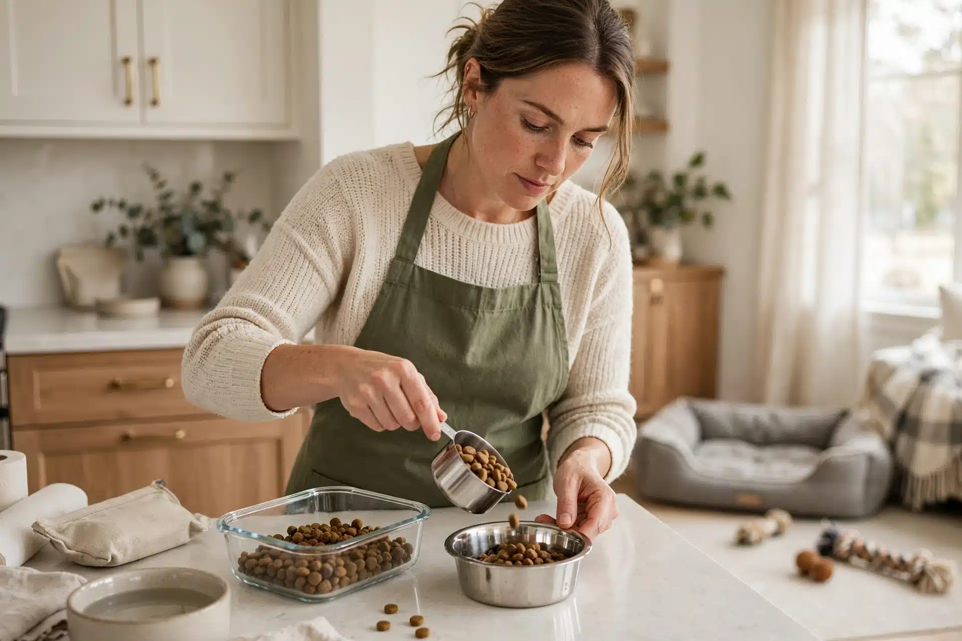 Breeder measuring kibble into stainless steel bowl