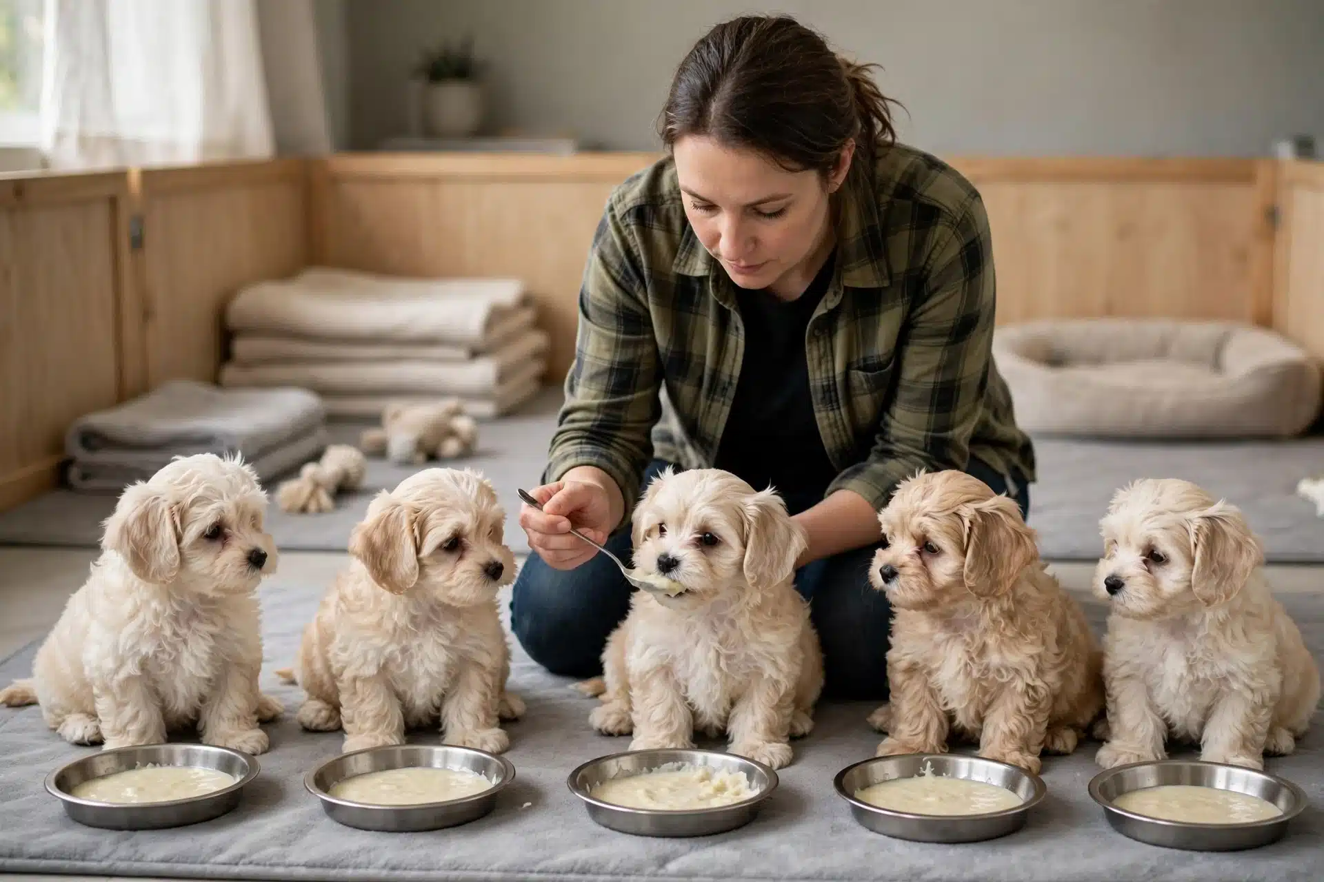 Breeder hand-feeding Havanese puppies at shallow dishes