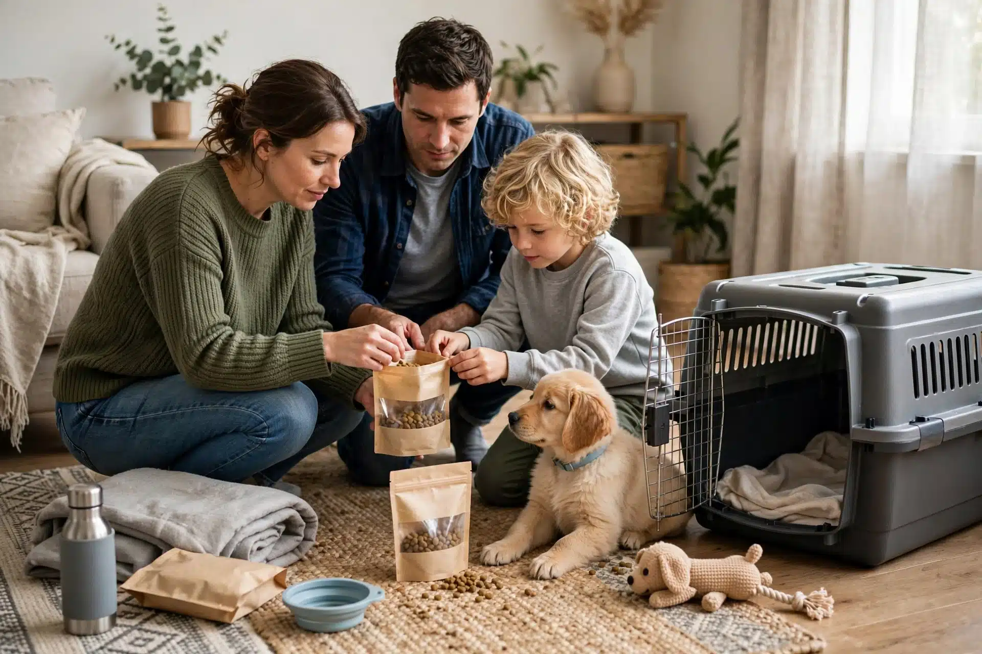 Family unpacking puppy food beside travel crate