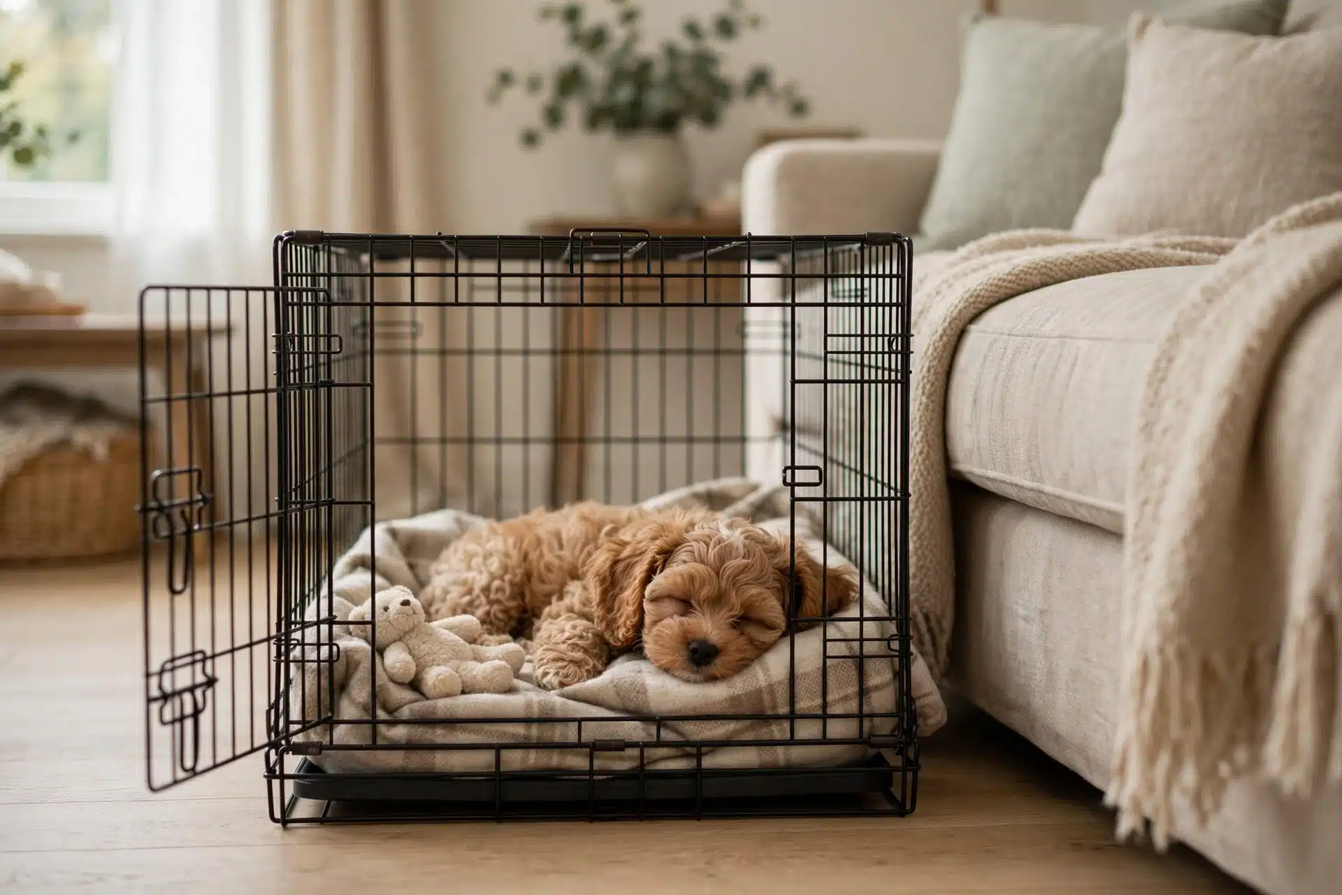 Cavapoo puppy resting in a cozy crate
