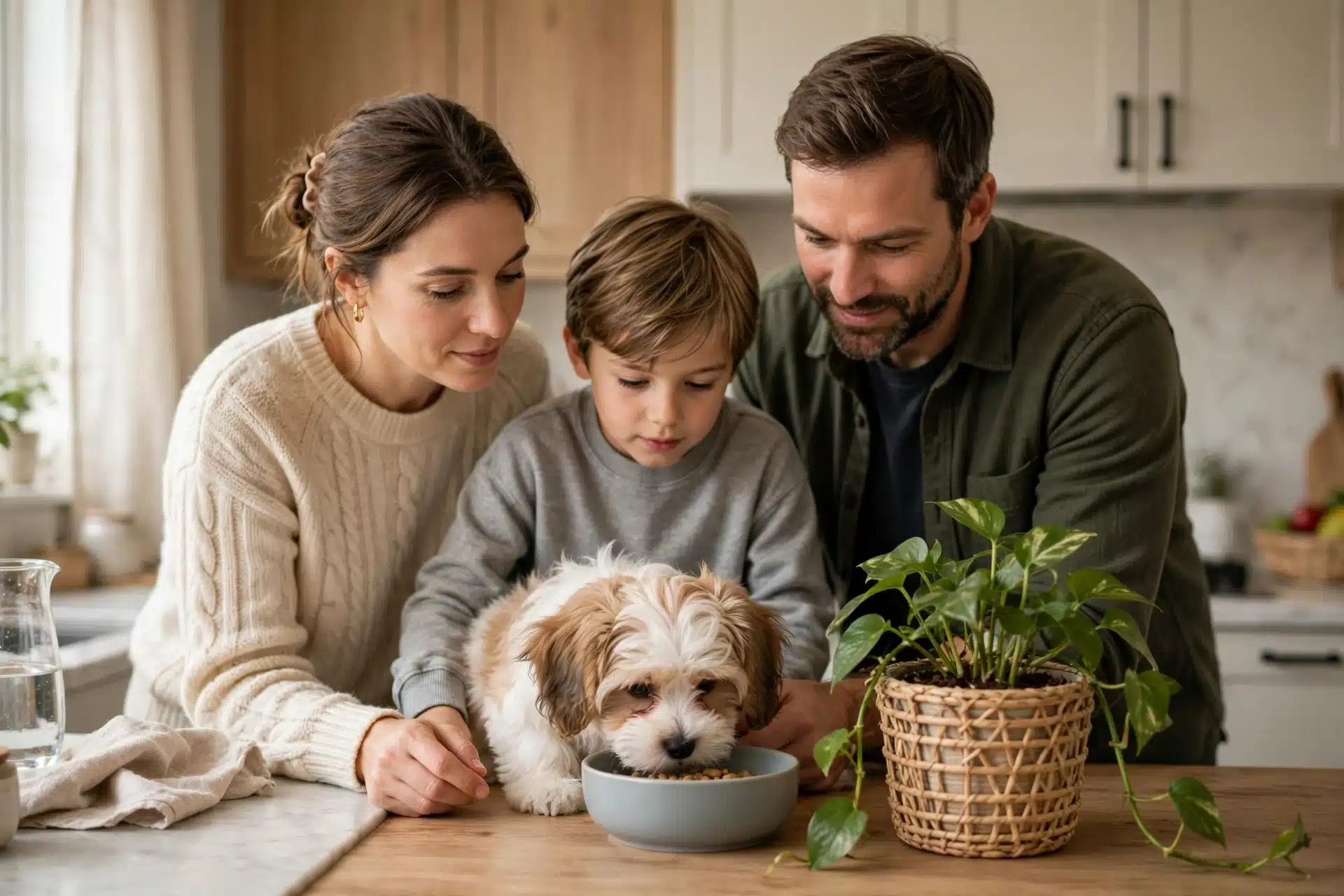 Family feeding Havanese puppy beside kitchen plant