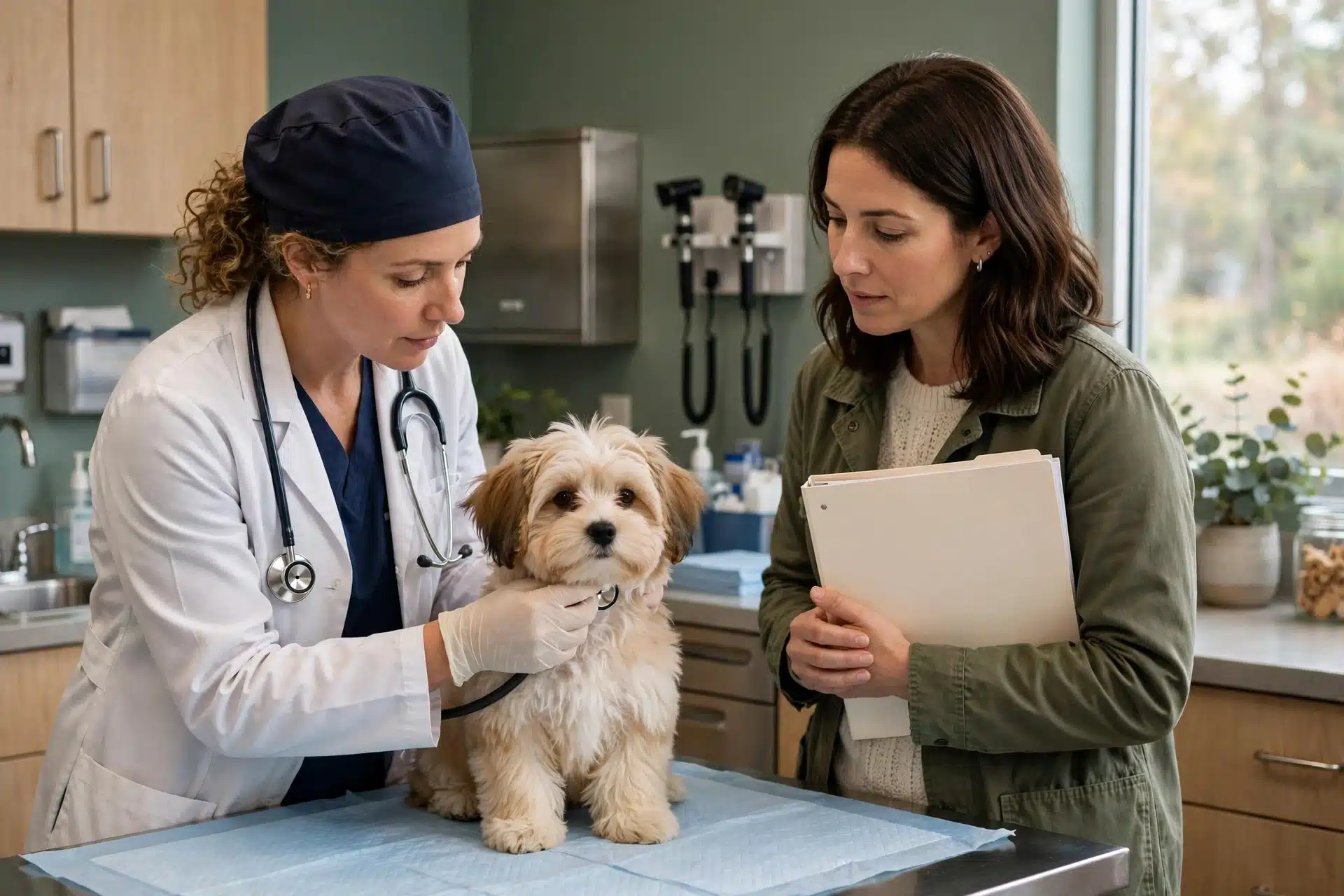 Veterinarian examining a Havanese puppy on an exam table
